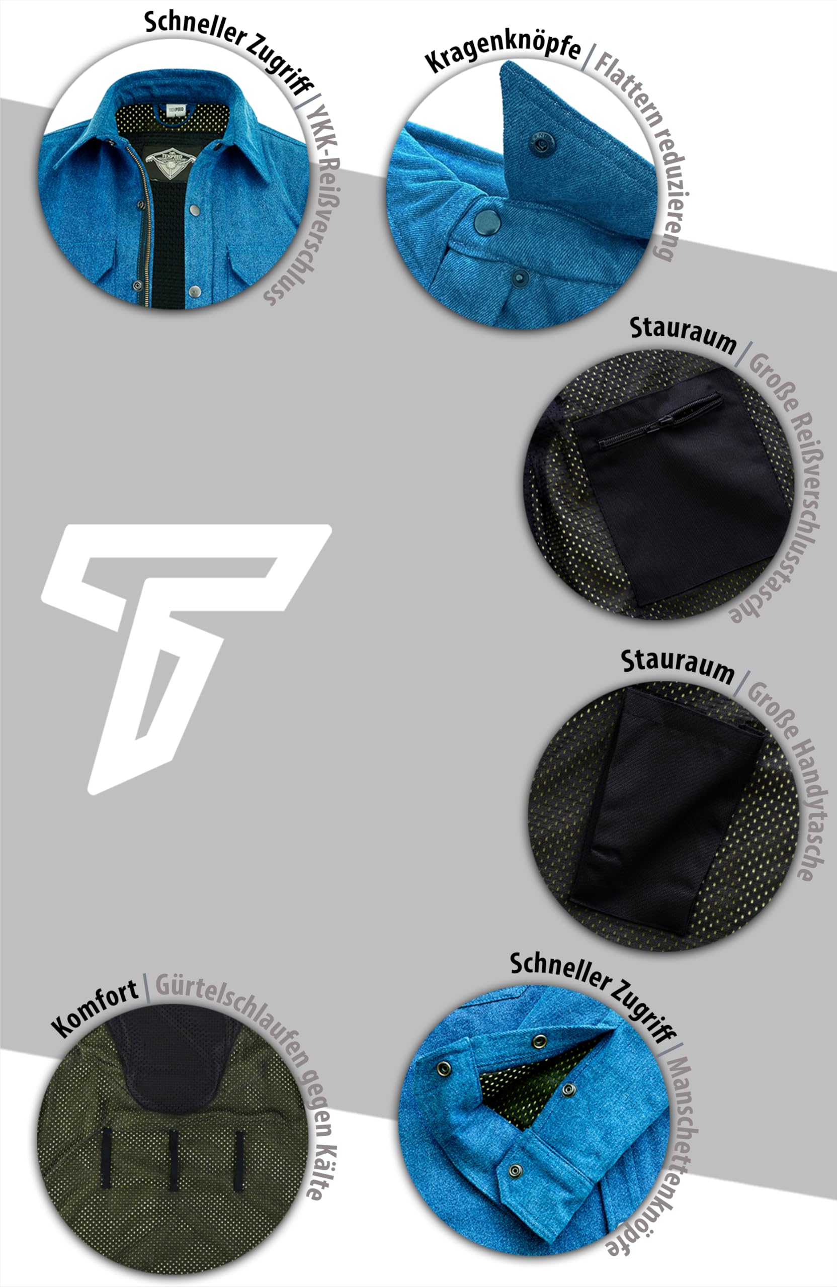 Texpeed Motorradhemden herren mit protektoren - Biker Motorradjacke Hemden Hergestellt mit Aramid - Mit Schutz (EN 1621-1) Blau - 4XL