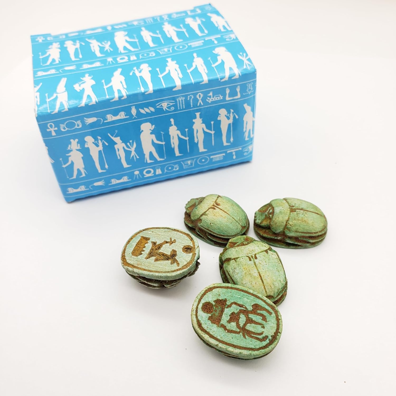 Egyptian Scarab Beads Set of 5 - Green Hand-Carved Soapstone - Ancient Egypt Hieroglyphs - Made in Egypt