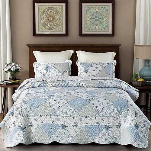 Miniatura 2 de VIVILINEN Juego de edredón de retazos florales azules tamaño King reversible acolchado con 2 fundas de almohada