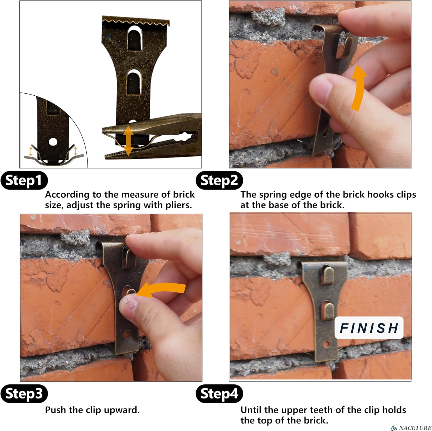 No-Drill Brick Hook Clips, 18 Pack(When Properly Installed) | Fits brick heights from 2.25–2.40 inches with at least 1/8-inch recessed mortar for secure, drill-free installation.