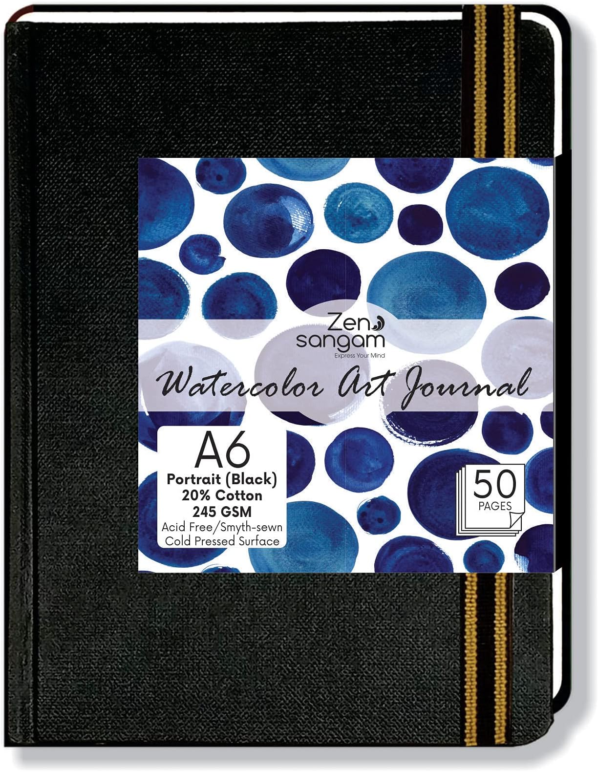 Zen Sangam Express your Mind Zen Sangam Artists' - A6 Watercolor Art Journal Portrait - 245 Gsm - 20% Cotton Cold Pressed - (50 Pages) - Size (14.8X10.5Cm) - Watercolour Book - Black