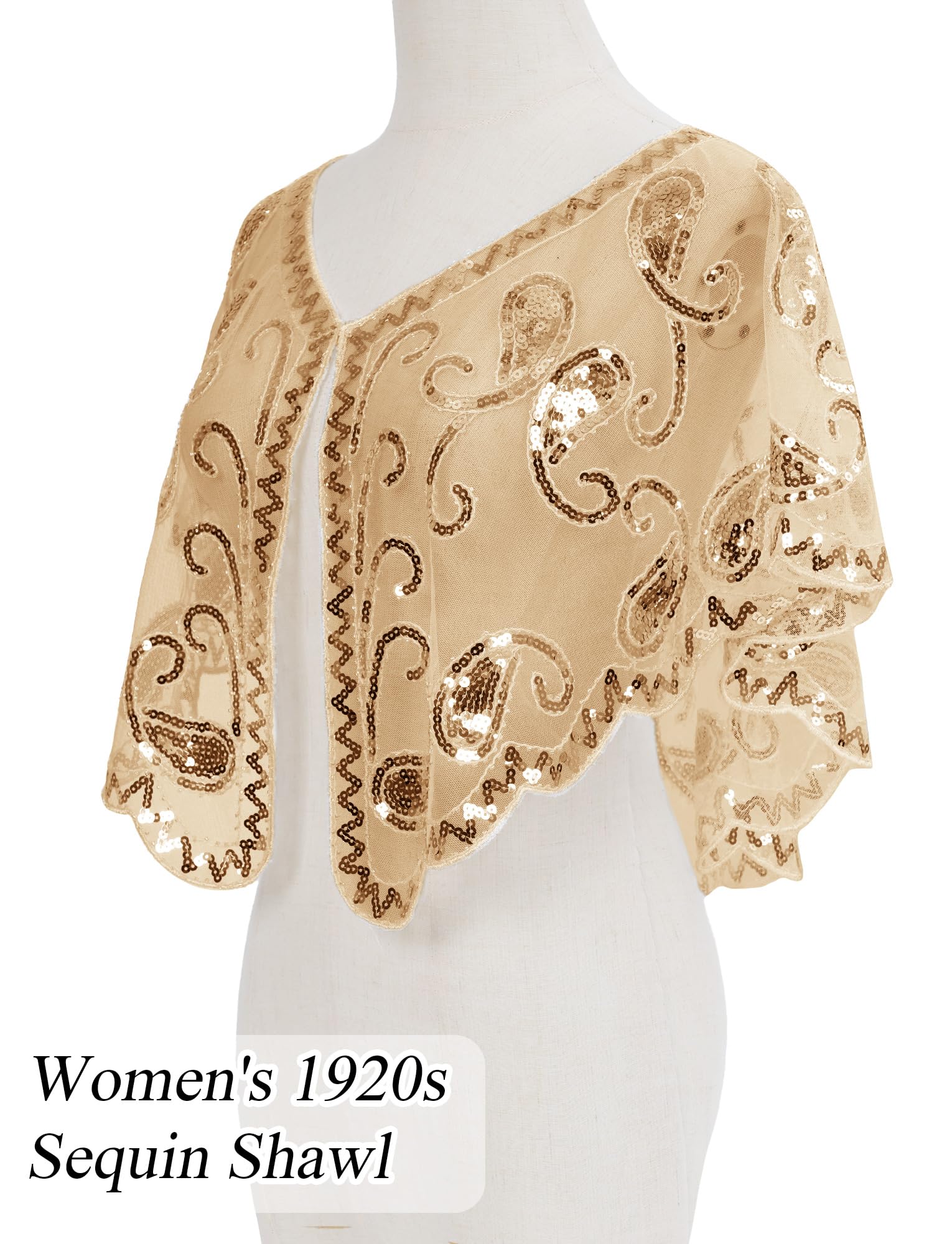 Ausing Women's 1920s Shawl Apricot Sequin Evening Cape Flapper Shrug Great Gatsby Retro Tulle Shawls Vintage Mesh Shawl Wraps Shiny Short Art Deco Wrap Bridal Party Wedding Cover Up - Image 2