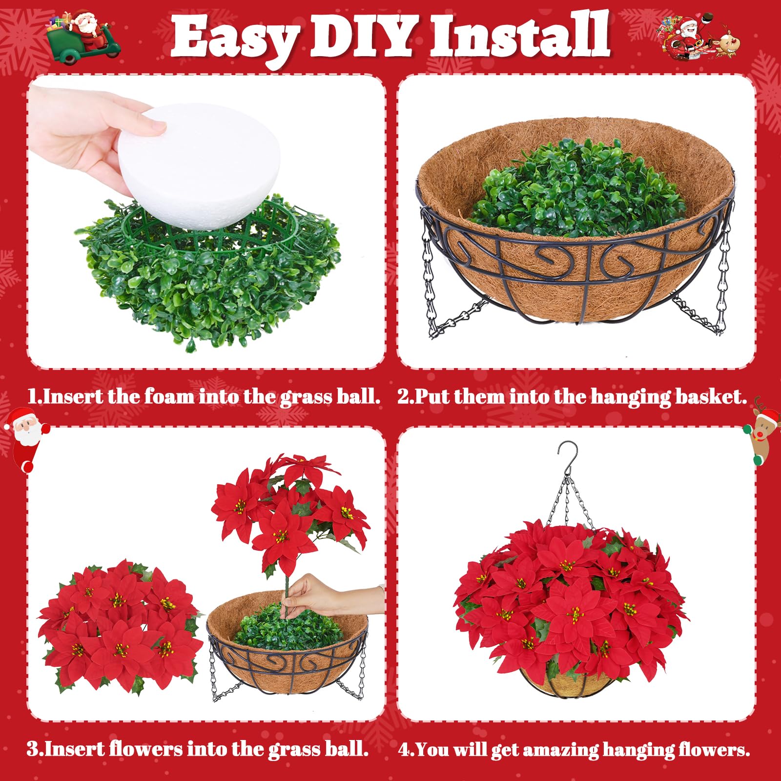 BLEUM CADE Weihnachtsdekorationen - Künstliche Weihnachtsblumen Hängende Weihnachtssterne mit Korb für den Außenbereich, künstliche hängende rote Weihnachtssterne für Weihnachtsdekoration,