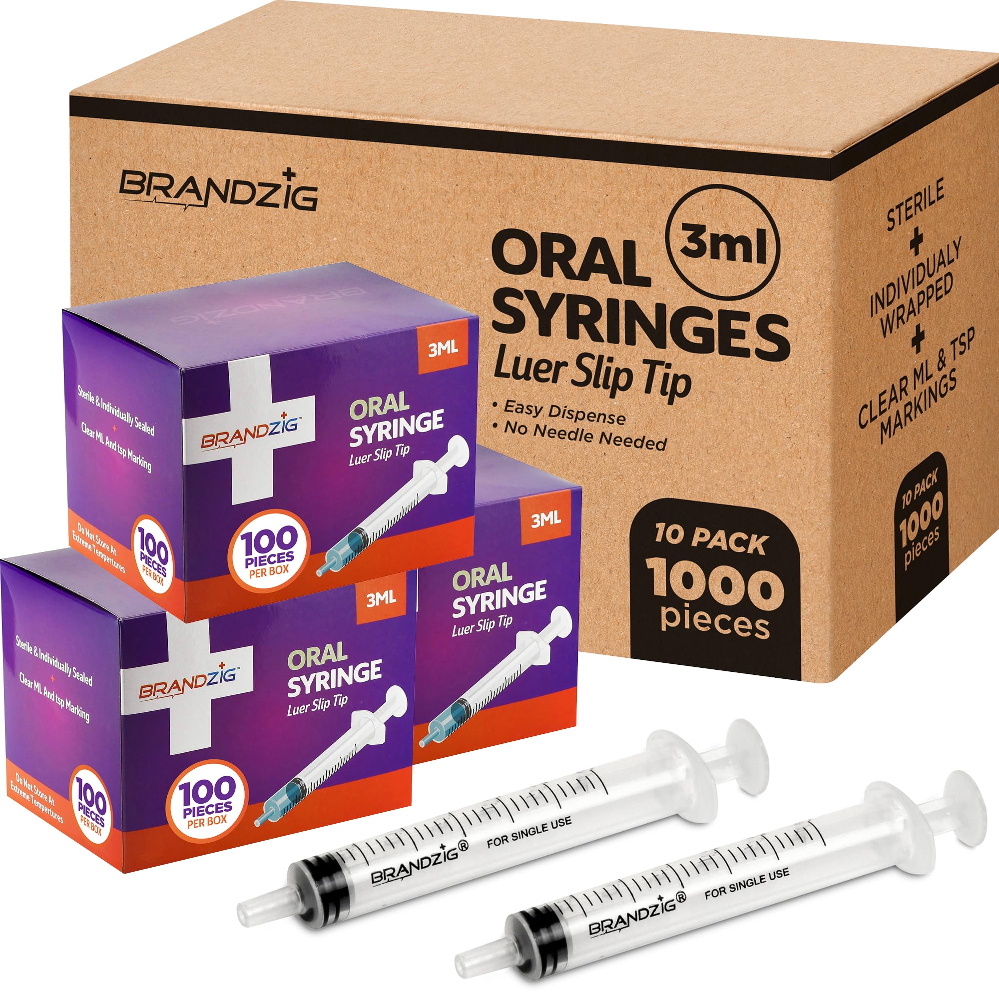 Photo 1 of 1000 PCS - 3ml Syringe – Luer Slip Tip, No Needle, Individually Blister Packed - Medicine Administration for Infants, Toddlers and Small Pets - Bulk Case - 10 boxes of 100 PCS (1,000 pcs)