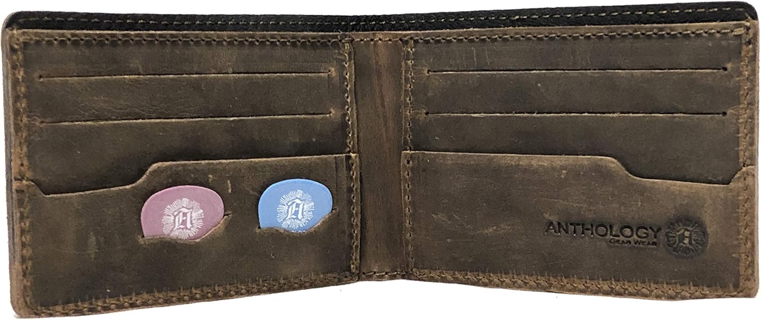 Anthology Gear 3" Wide Reticent Full Grain Leather Guitar Strap and Minimalist Bi-Fold Leather Pick Wallet both in our rugged Whiskey Brown Leather