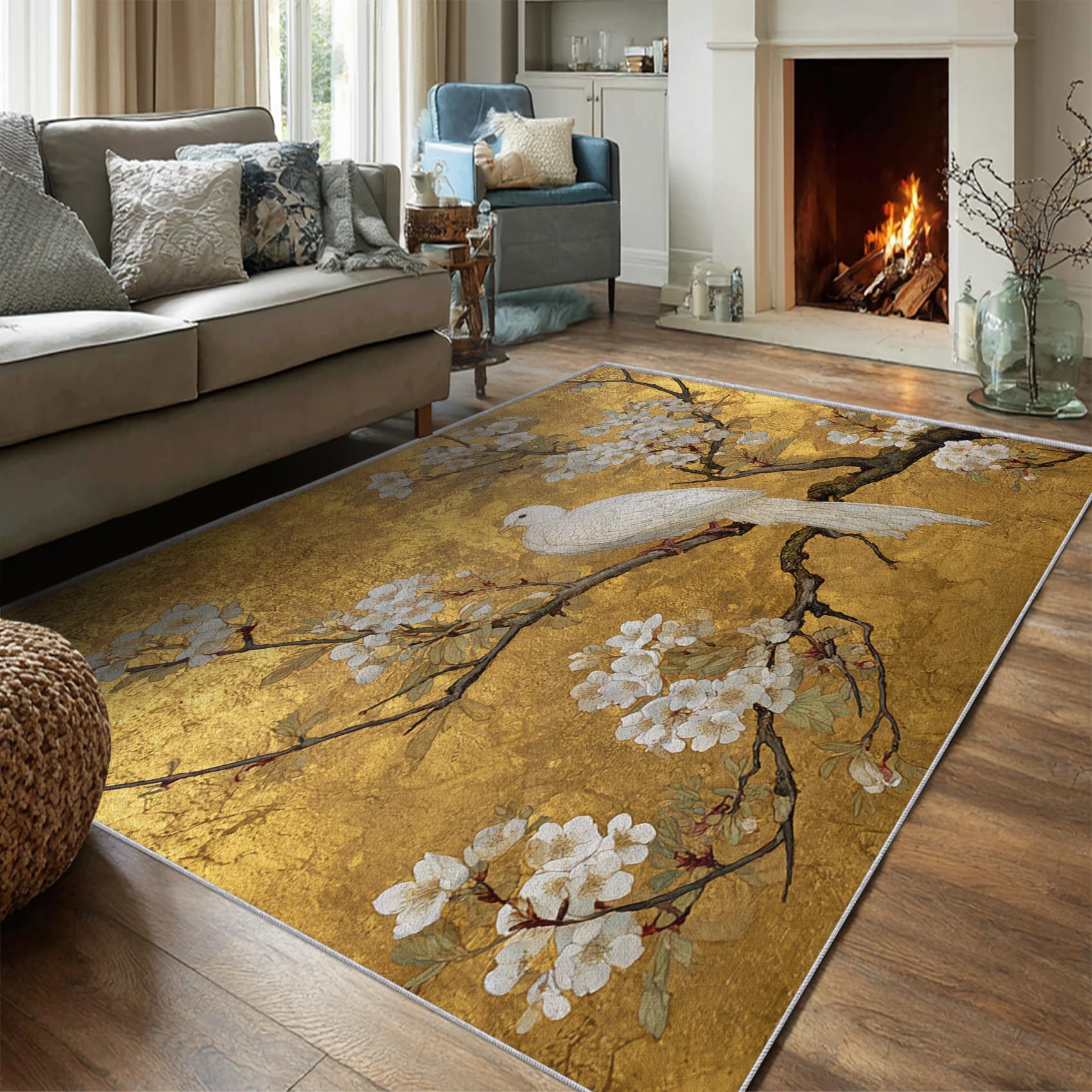 8x10 Rug, Japanese Bird Rug 5x5 Rugs Branch Cherry Blossom Area Rugs, Gold Vintage Carpet Home Room Decor for Living Room Bedroom Kitchen Dorm Classroom Indoor Mat, Non-Slip Low-Pile