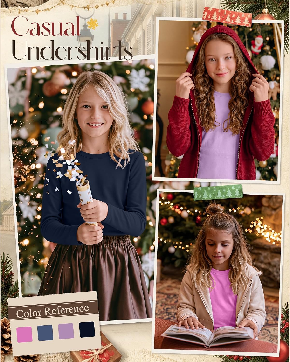 4 Pack Girls' Long Sleeve Shirts Kids Crew Neck Slim Fit Basic Layering Tops Causal Undershirts Multipack 5-14Y