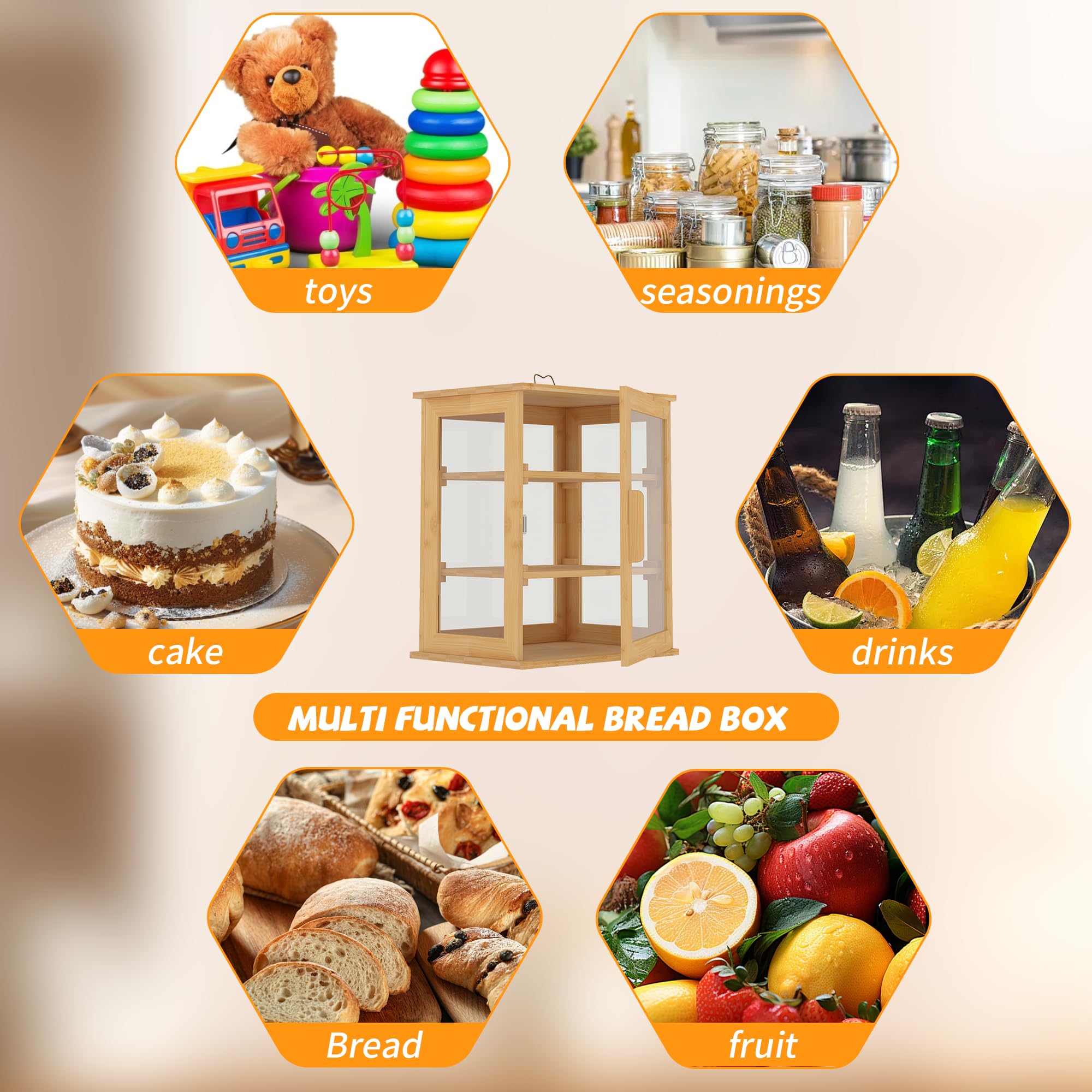Panera de bambú para pan, contenedores de almacenamiento de pan de 3 capas, vitrina de colección de pan con ventana transparente y capa extraíble para cocina, montaje automático