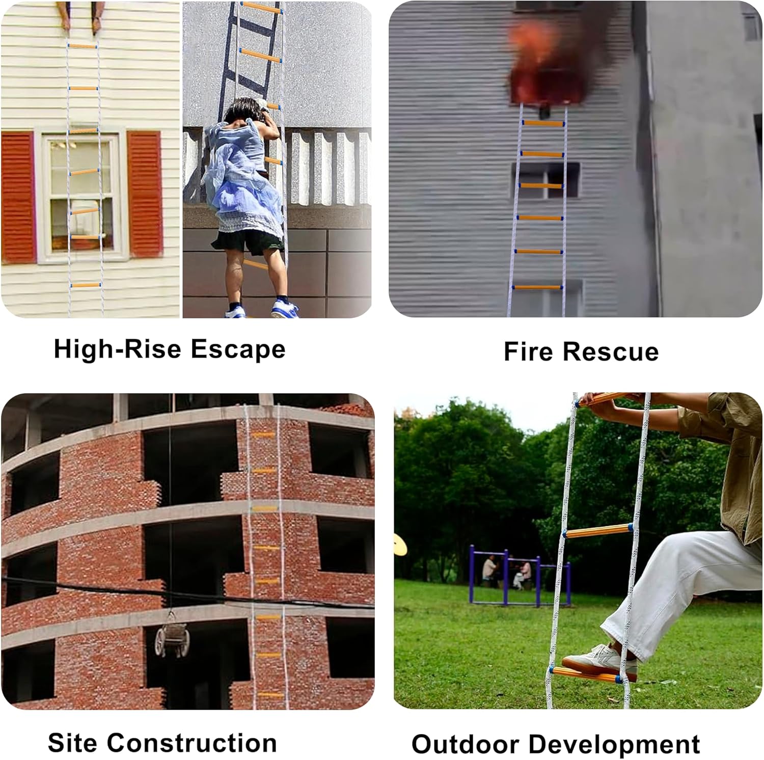 Rope Ladder,13.1FT Fire Escape 2 Story,Flame Retardant Safety with Hooks, Deploys Quickly,Portable and Reusable, Fire Escape Ladder Tested to 2000lbs