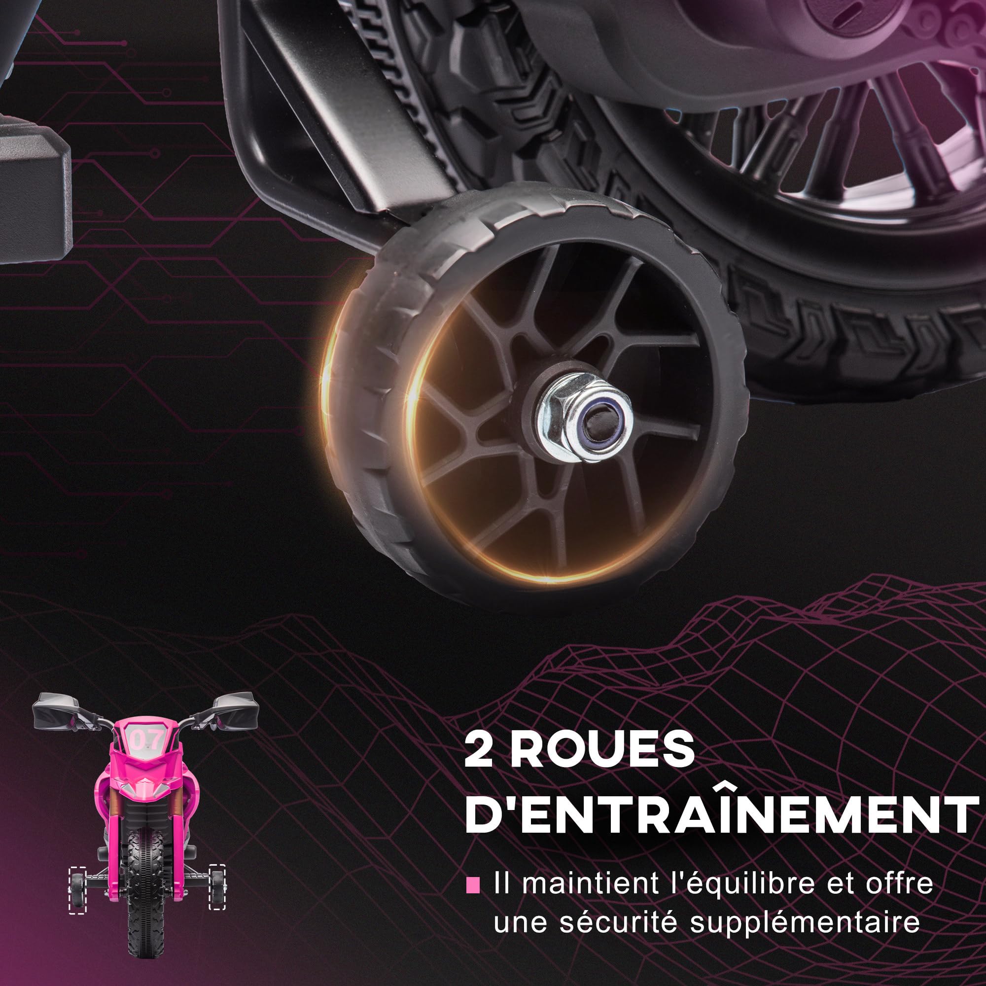 AIYAPLAY Moto électrique Enfants 6V 2 Moteurs avec klaxon Roues d'entraînement 3-8 Ans 30KG Rose