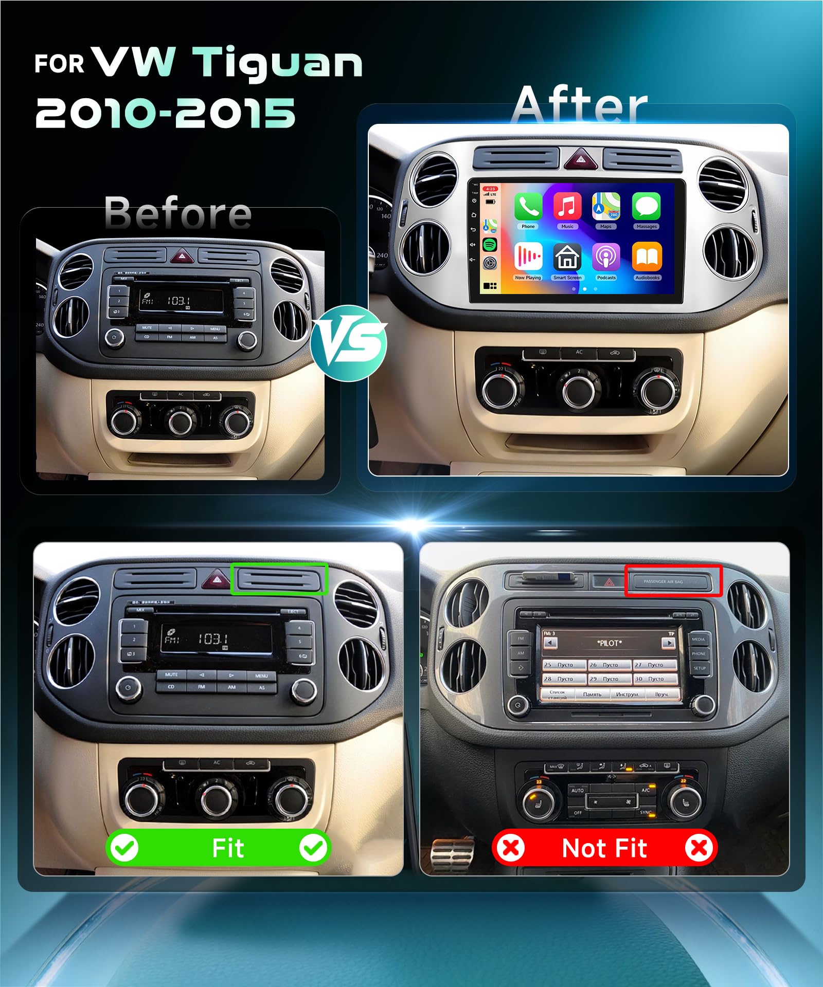 2G&64G VECHTEL 9"Autoradio per VW Tiguan 2010-2015 con Carplay Android Auto Wireless, Android 13, touchscreen Bluetooth RDS/FM Radio, Wi-Fi Navigazione/Telecamera posteriore AHD/CANBUS