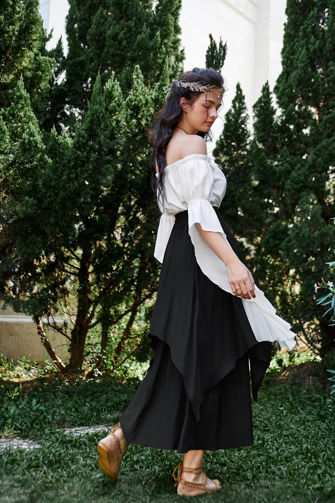 SCARLET DARKNESS Gonna medievale lunga elastica in vita con orlo irregolare rinascimentale maxi gonna, Nero , L