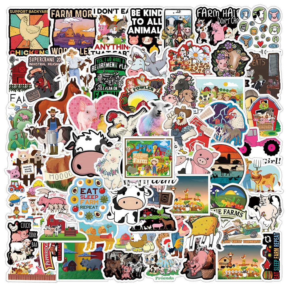 62Pcs Farm Animals Stickers Pack, Aesthetic Cartoon Cute Vinyl Waterproof Decals for Water Bottle,Laptop,Phone,Skateboard,Scrapbooking,Bumper for