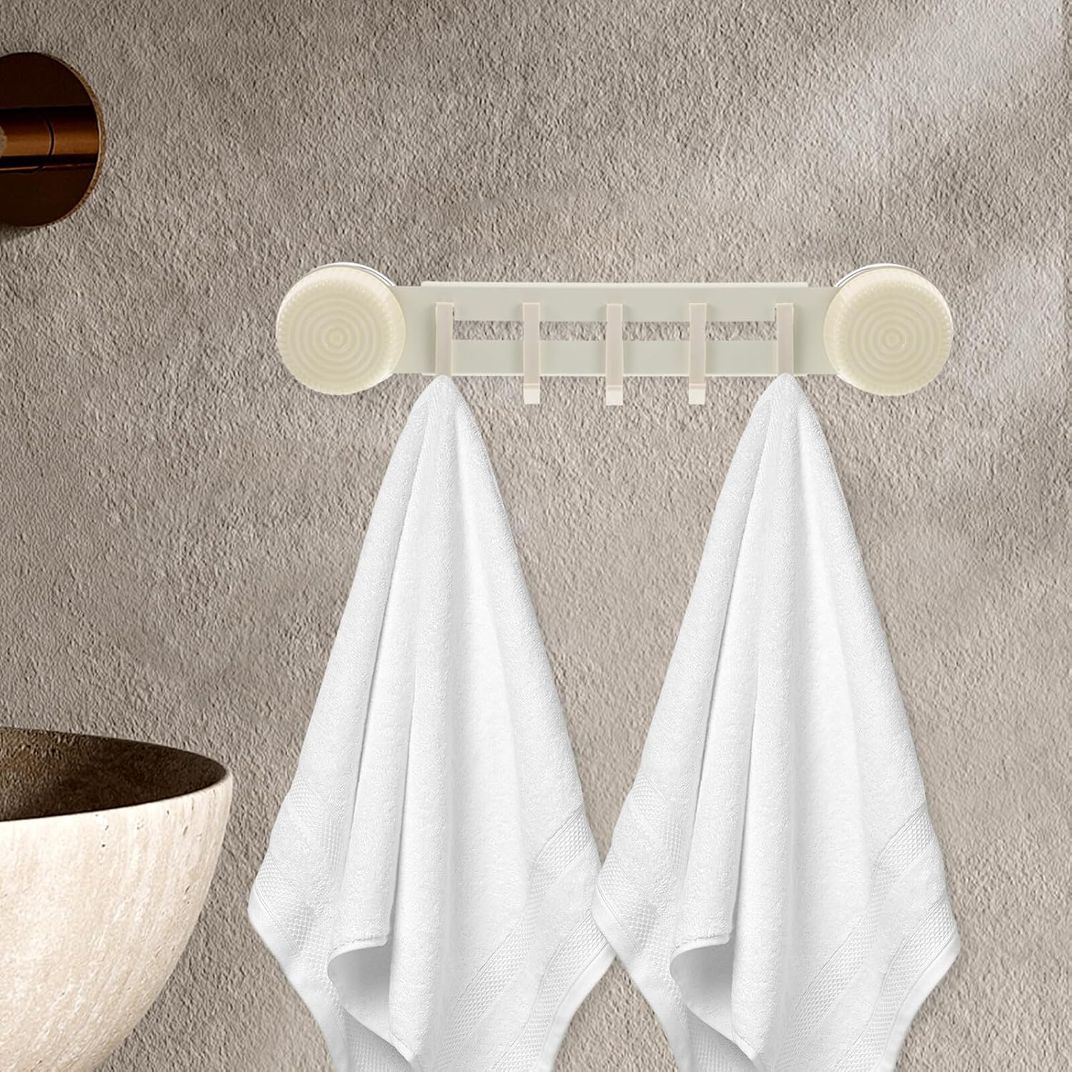 Suction Cup Storage Hook Rack 30cm with 5 No-Drill Hooks Cream Yellow Wall Mounted Hanger for Kitchen and Bathroom Towel Coat Robe Organization