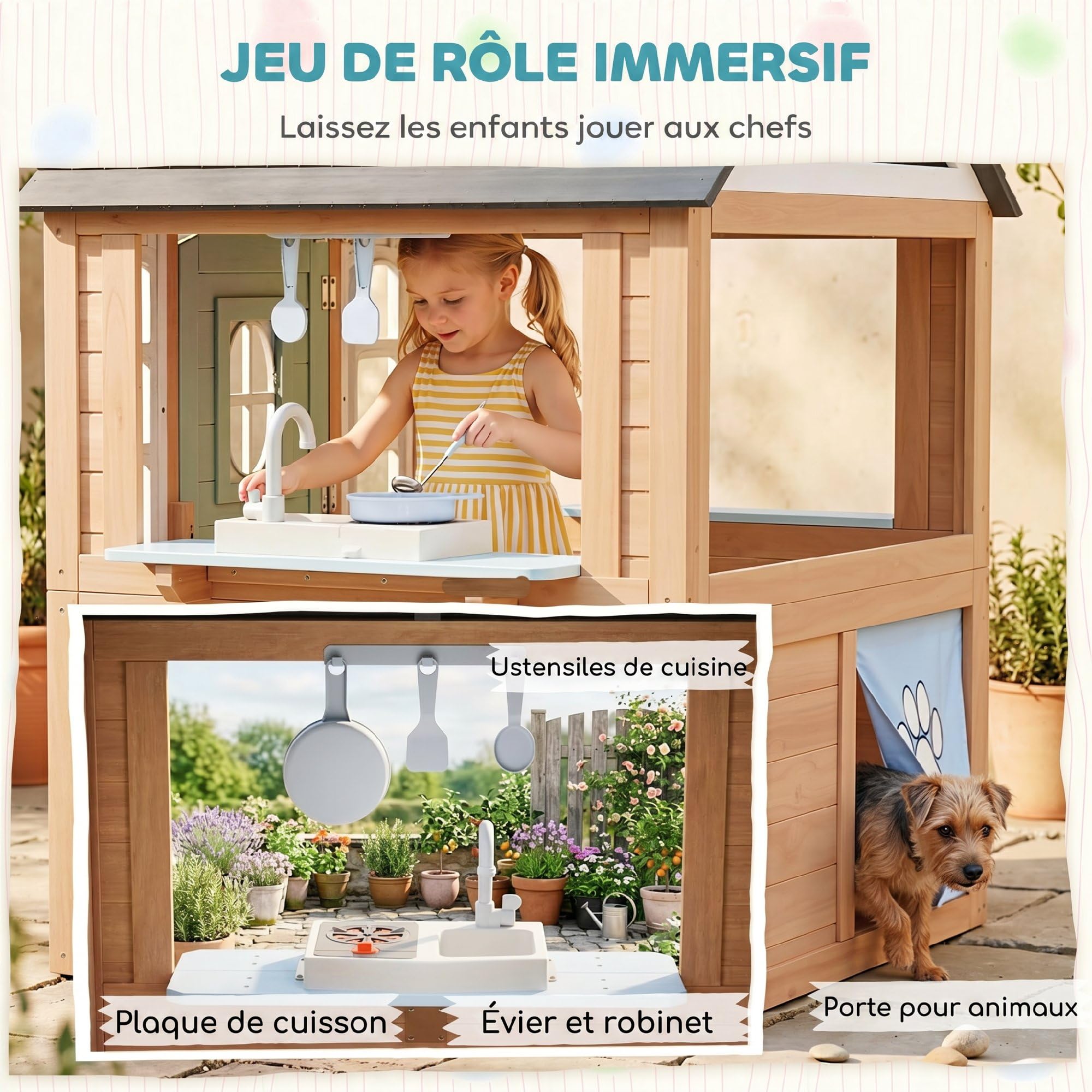 AIYAPLAY Cabane Enfant En Bois – Cuisine De Jeu, Chatière, 115×97×140 Cm – Dès 2 Ans