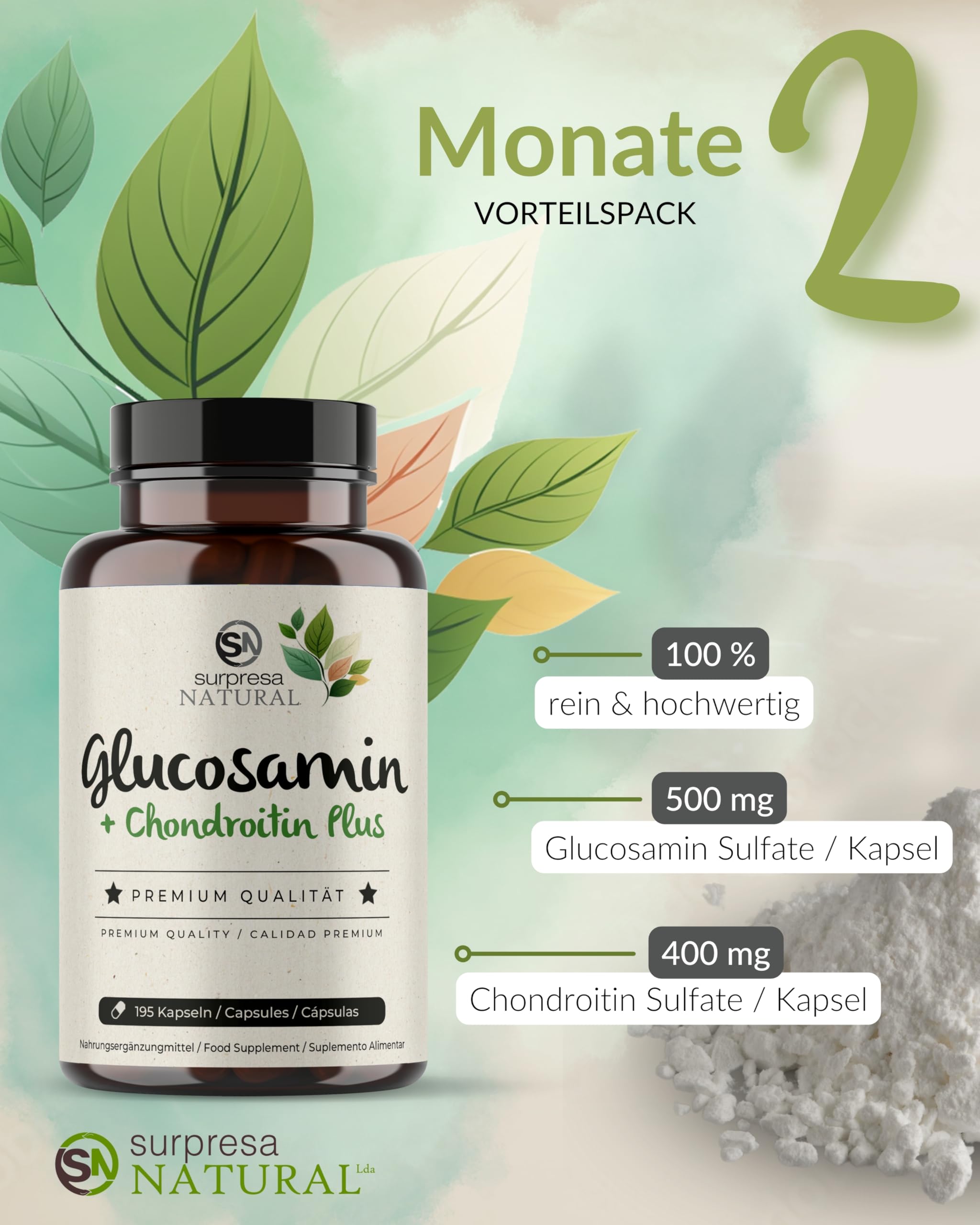 Glucosamin-Chondroitin-Kapseln hochdosiert I 1 x 195 Kapseln I 1500 mg Glucosamin & 1200 mg Chondroitin pro Tagesdosis I Nahrungsergänzungsmittel ohne Zusatzstoffe & laborgeprüft
