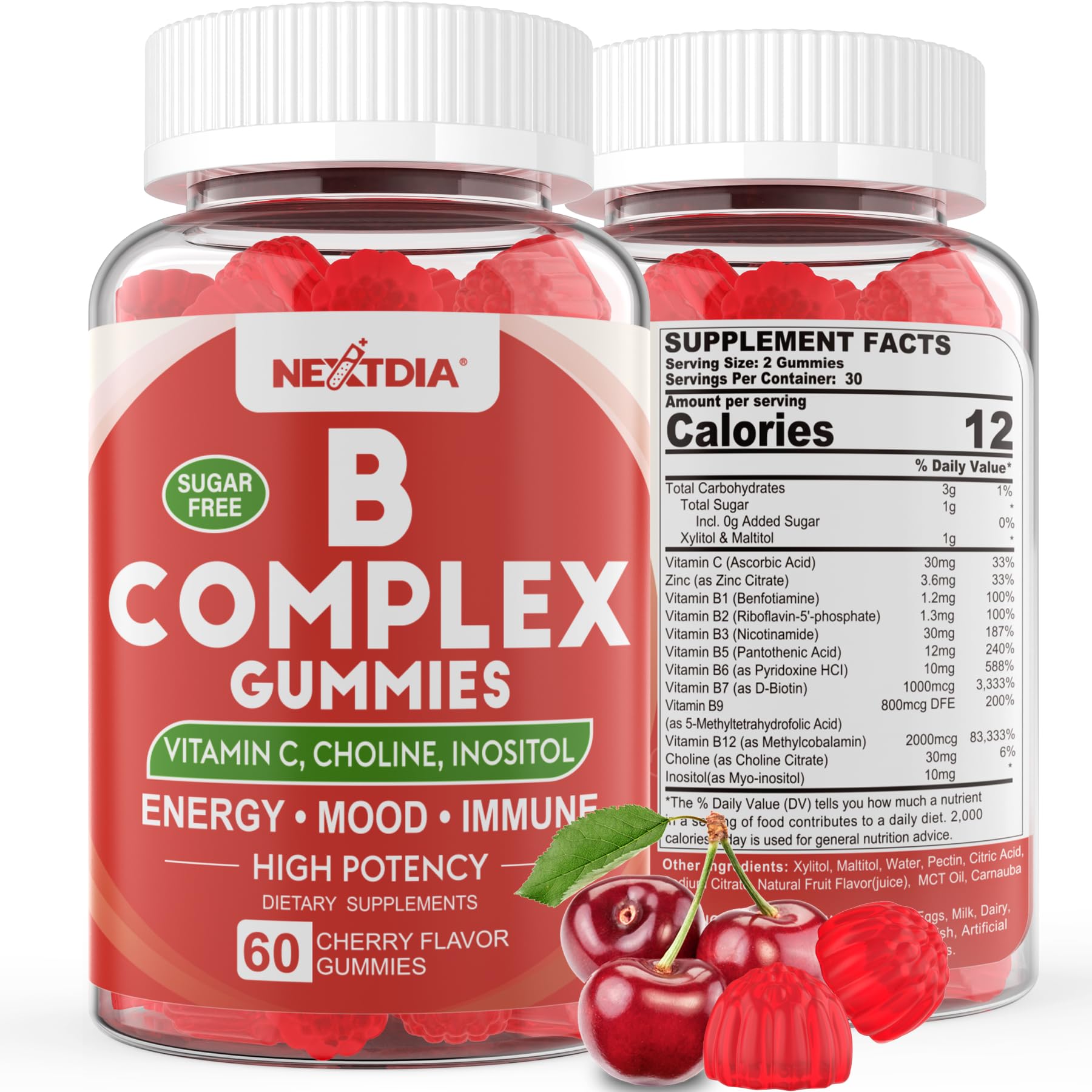 Vitamin B Complex Gummies, Vegan Vitamin B Gummies with 2000 mcg Methyl B12, Methyl Folate | Plus Choline + Inositol, Vitamin C + Zinc for Supports Energy, Mood, Immune, Healthy Hair, Skin - 60 Cts