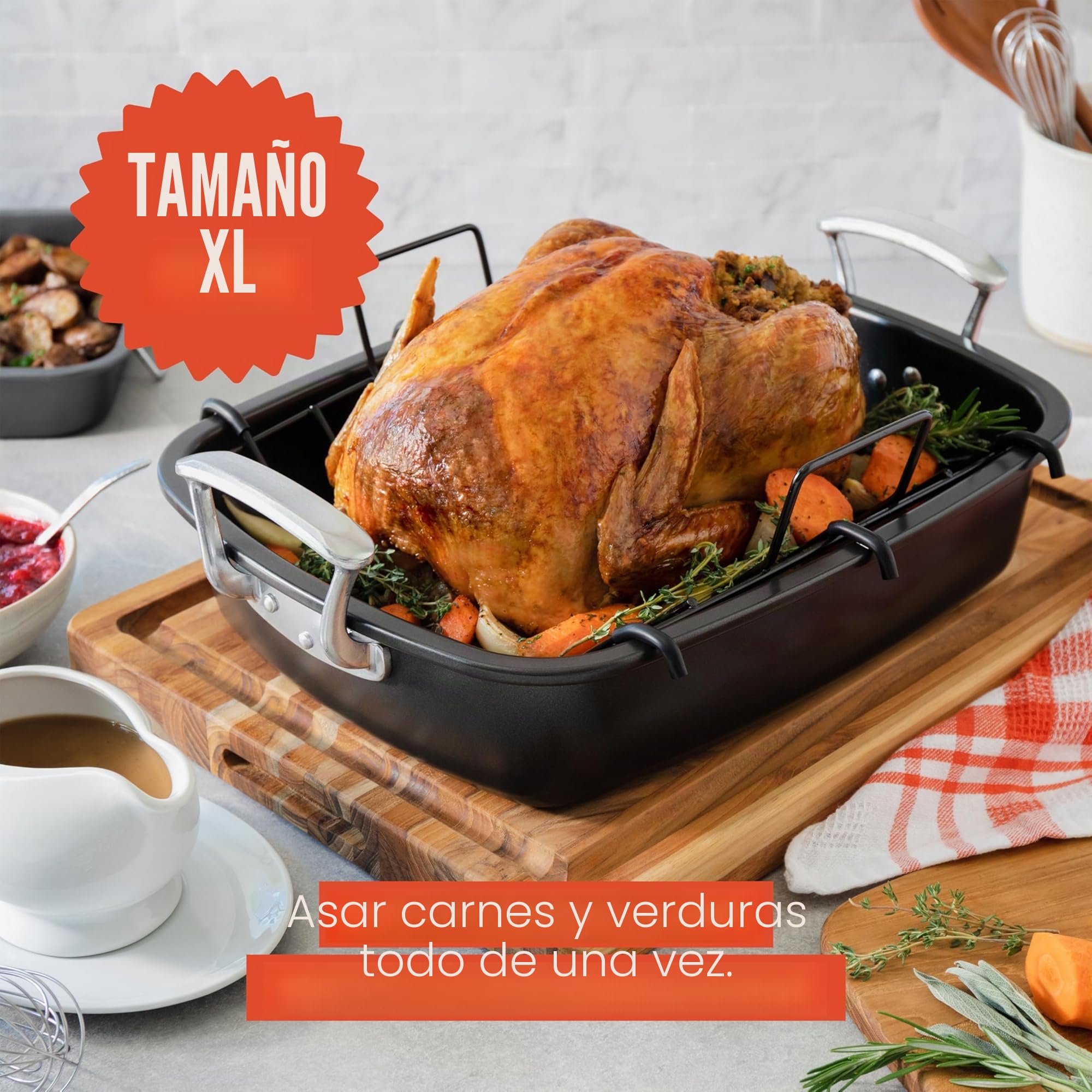 Chef Pomodoro Bandeja Deluxe para Asar, 47x37 cm, Extra Grande | Acero al Carbono con Rejilla en U, Ideal para BBQ