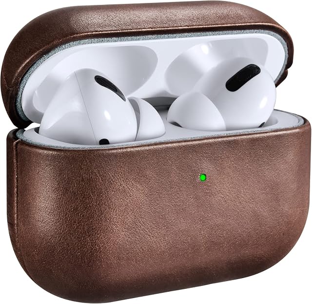 Leather Case for AirPods Pro, ICARERSPACE Premium Genuine Leather Shockproof Protective Case Cover for Apple AirPods Pro Earphones Charging Case (LED Visible) Support Wireless Charger BROWN