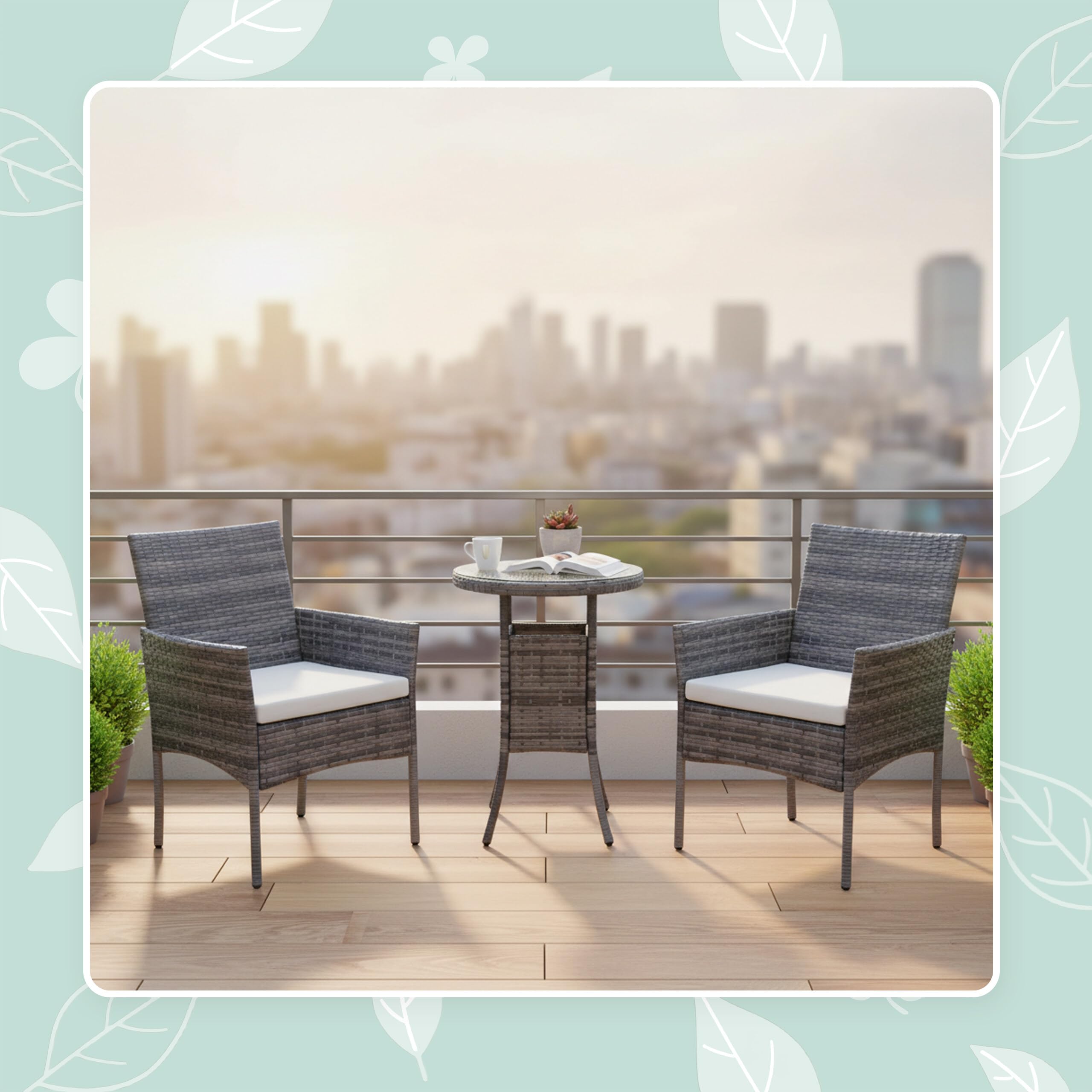 Relaxdays Zestaw mebli ogrodowych, 3-częściowy zestaw mebli rattanowych, 2 osoby, 2 fotele i szklany stół, meble wypoczynkowe, do użytku na zewnątrz, szary