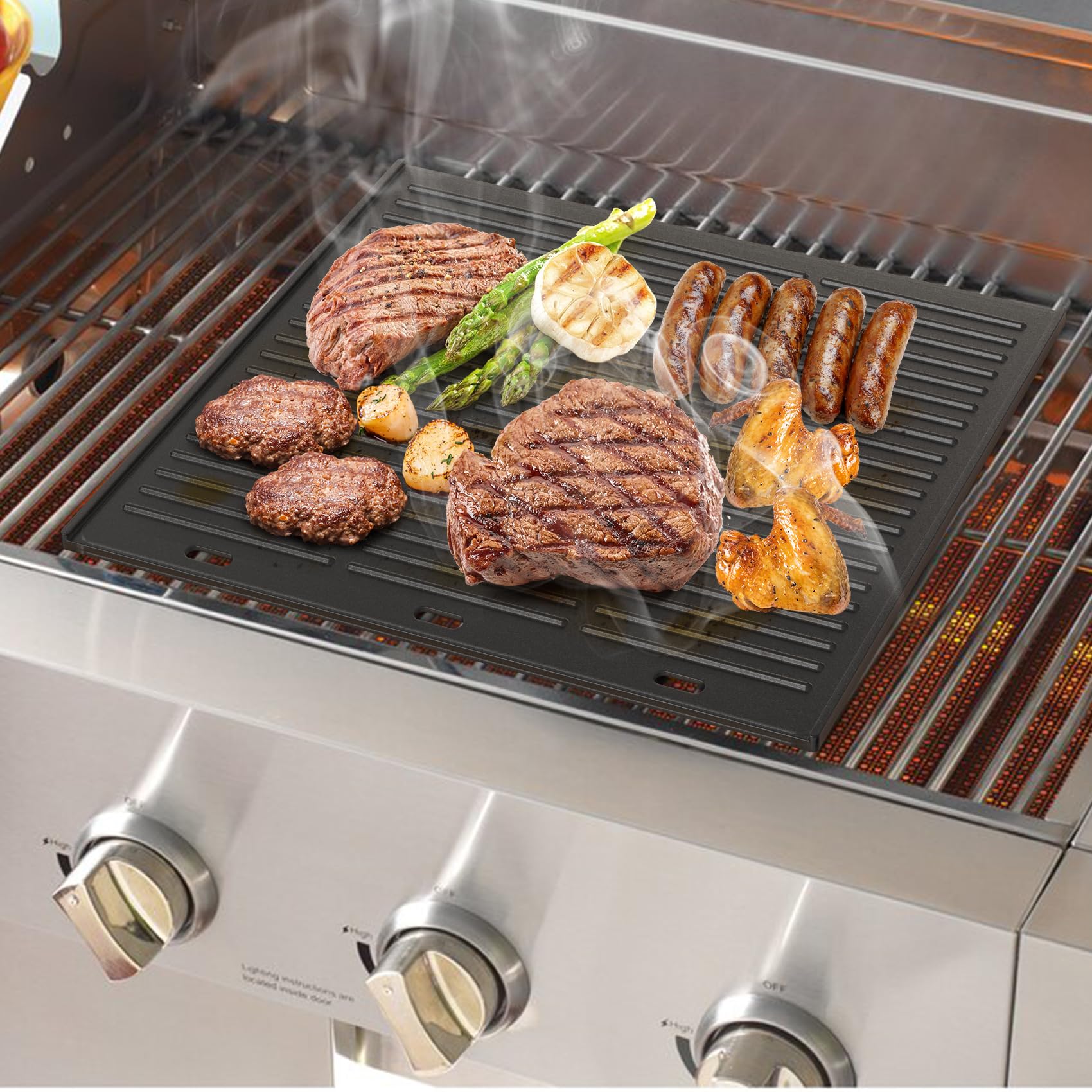 Onlyfire 48.5 x 40 cm Plaque de Cuisson Réversible en Fonte pour Barbecue à Gaz et Cuisinière à Gaz- Plaque Plancha Universelle en Fonte - Plaque à Griller pour BBQ - Plaque de Grill pour Barbecue