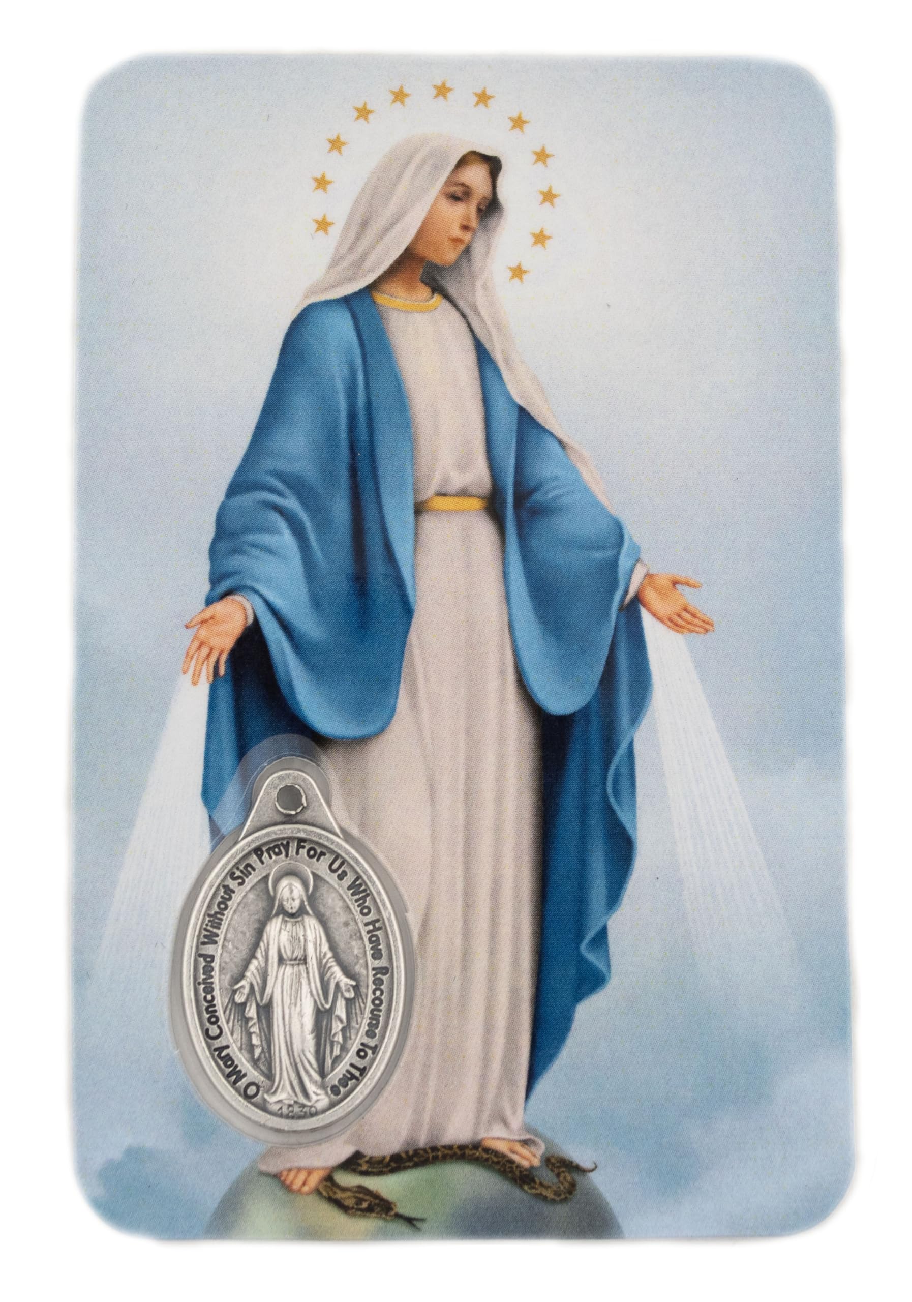 VILLAGE GIFT IMPORTERS Holy Prayer Card with Built-In Medal Pendant | Laminated Full-Color Prayer Card | Great Variet(Blessed Mother/Miraculous Medal Prayer Card with Medal)