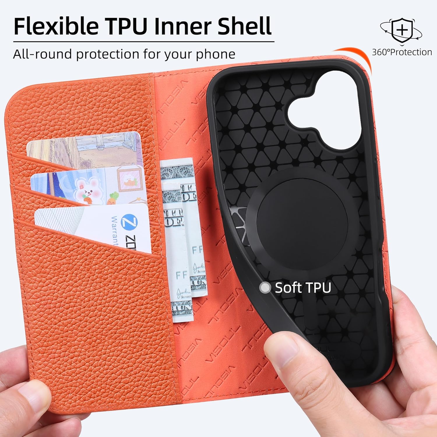 VISOUL Pebbled Leather Wallet Case Compatible with iPhone 17, Genuine Leather Flip Folio Cover, RFID Blocking Card Holders, Kickstand, Soft TPU Shell, Protective Flip Cover 6.3 inch-Blue+Orange