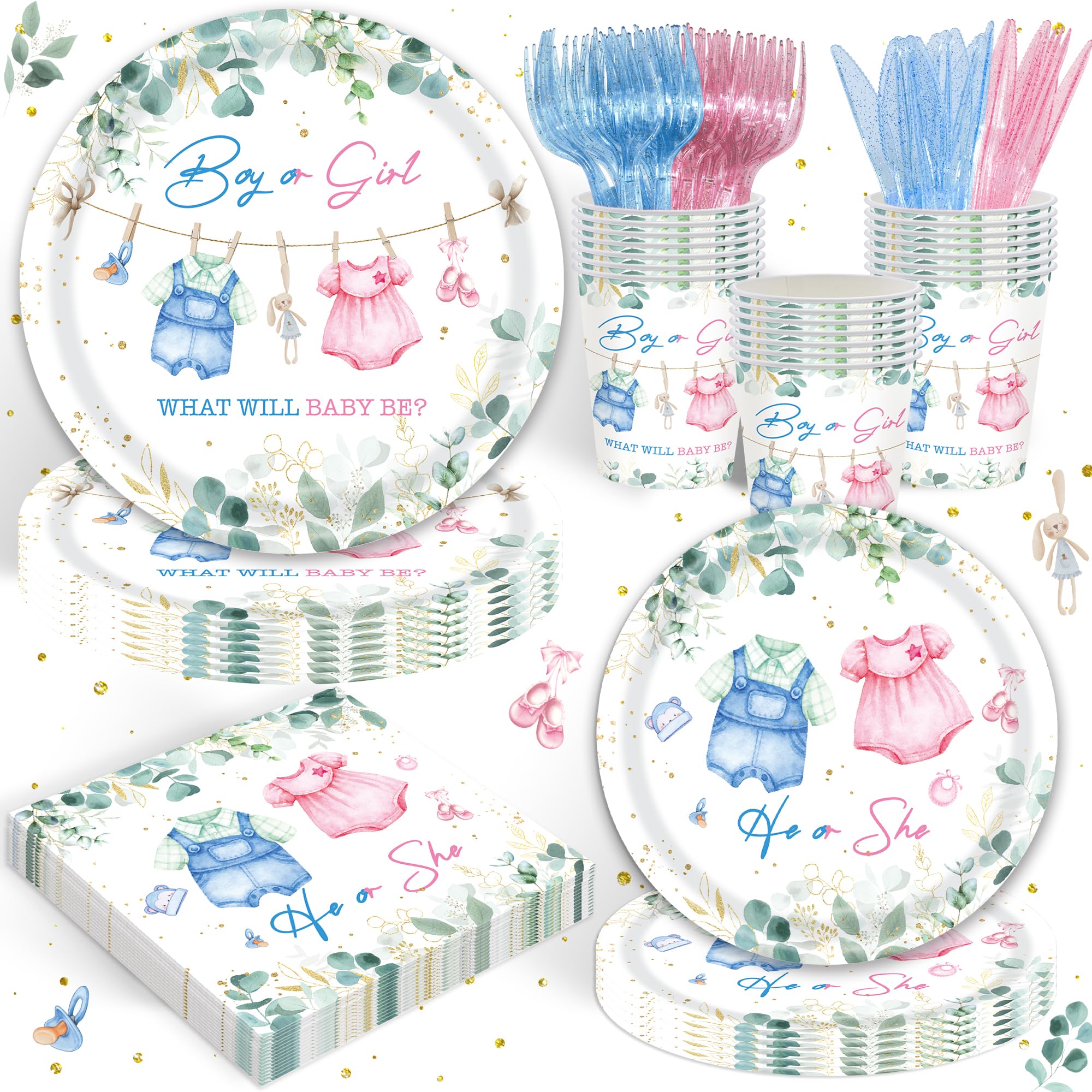 Photo 1 of Girl or Boy Gender Reveal Party Supplies Pink or Blue She or He Gender Reveal Party Decorations Eucalyptus Baby Shower Tableware Set Plates Napkins Cups Forks Knives for 20 Guests