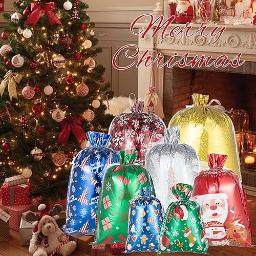 Miniatura 6 de Senteria Bolsas de regalo de Navidad, 42 bolsas de regalo con cordón, bolsas de Navidad con cordón para envolver regalos de Navidad con lazos y