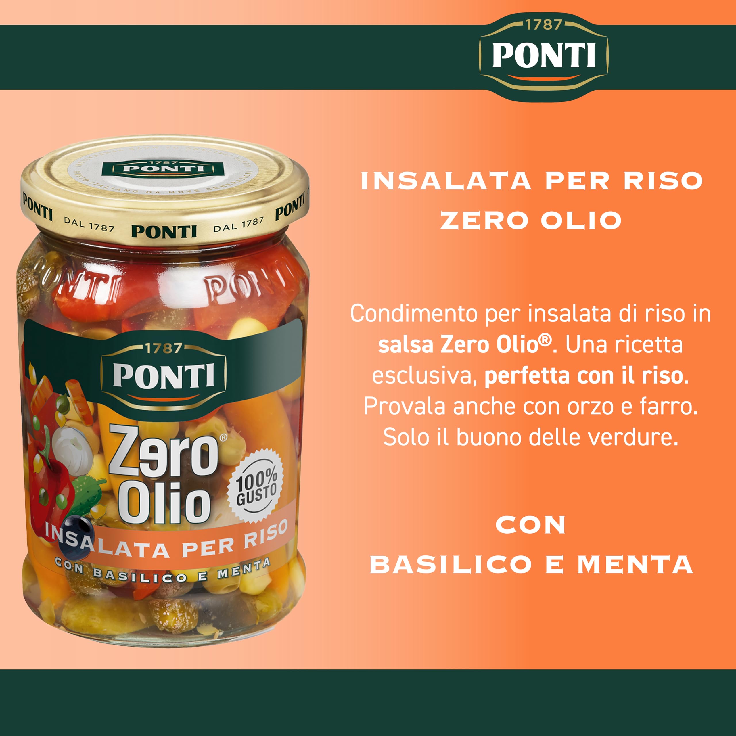 Ponti, Insalata per Riso Zero Olio, Condimento per Insalata di Riso In Salsa Zero Olio con Basilico e Menta, Ideale anche con Orzo e Farro, 100% Made in italy, 6 Vasi da 300 g