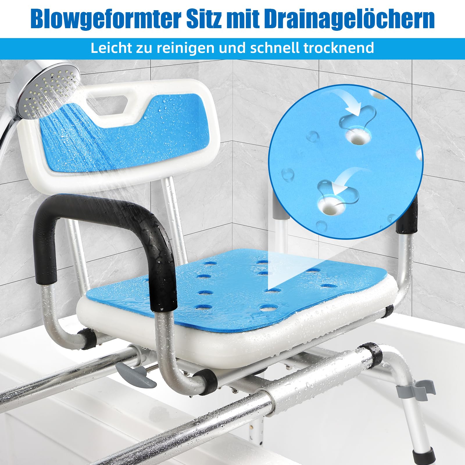 360°Drehbarer und Gleitbarer Duschhocker für Senioren,Duschhocker & Badewannen-Transferbank mit Drehsitz & Gleitfunktion-Höhenverstellbar, Gepolsterte Armlehnen & rutschfeste Füße (180 kg)