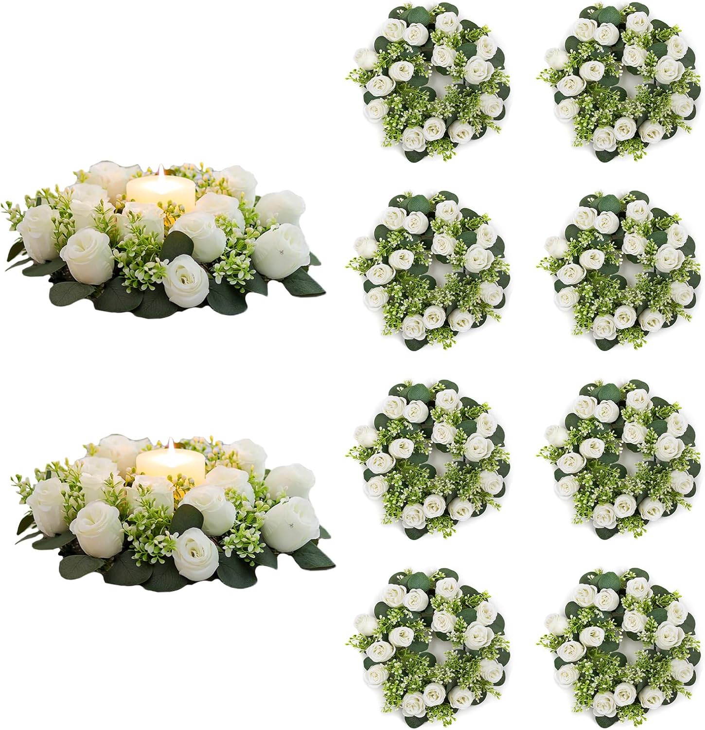 NUPTIO Flower Wedding Centerpieces for Tables - 10 Pcs 14 inch Diam Large White Artificial Flowers Fake Roses Candle Rings Wreaths Spring Summer Wreath for Front Door Weddings Party Ceremony Decor Dia 14"-10pcs White