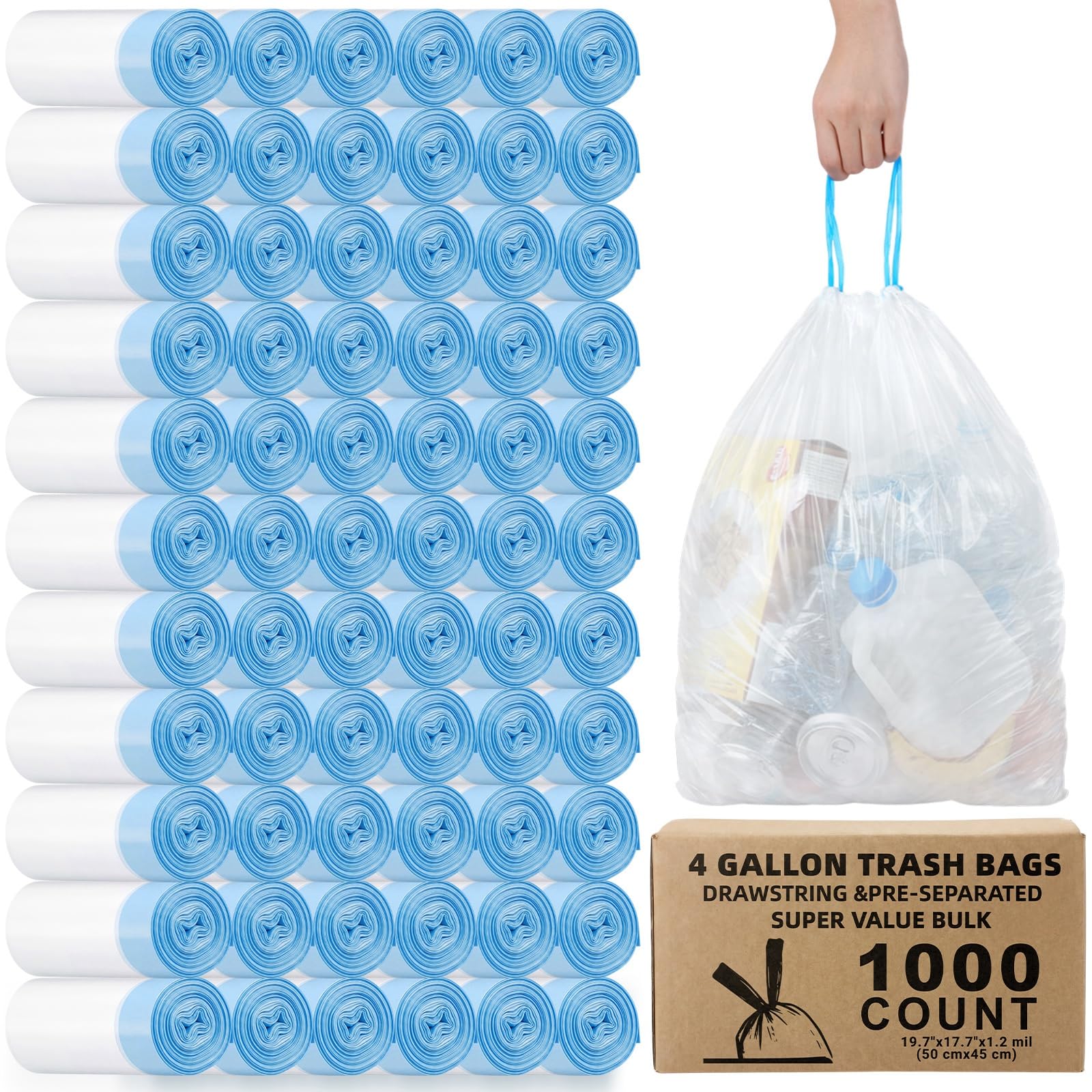 1000 Stück kleine Müllbeutel mit Kordelzug, Abfalleimer und Kraftbox für Badezimmer, Büro, 1,2 mm dick