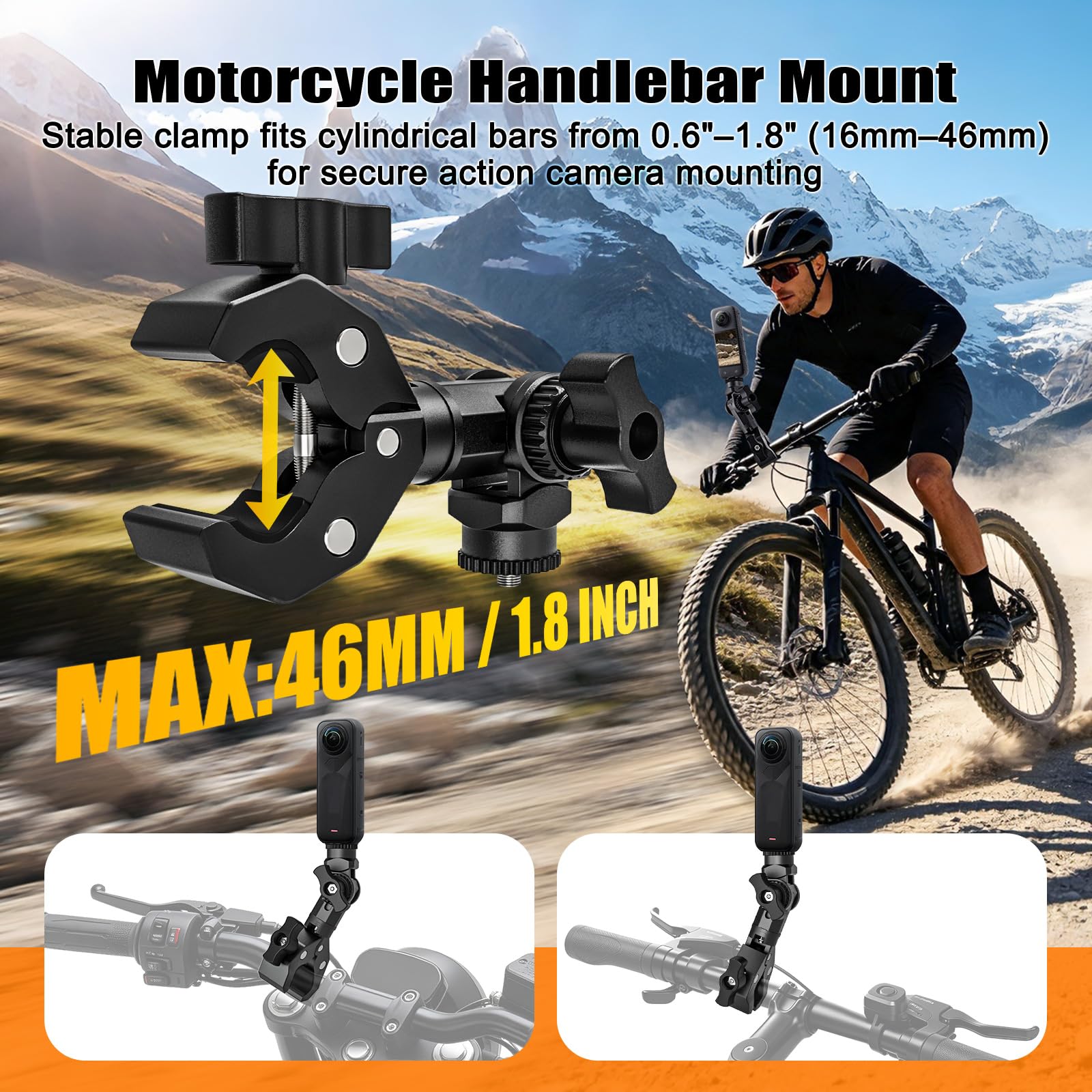 Supporto da moto per Insta 360 X5 X4 X6 GoPro Hero 13 DJI Pocket | Supporto a morsetto per manubrio di moto e 2 supporti adesivi flessibili per casco Insta360 X3 One X2 DJI Osmo Pocket 4/3