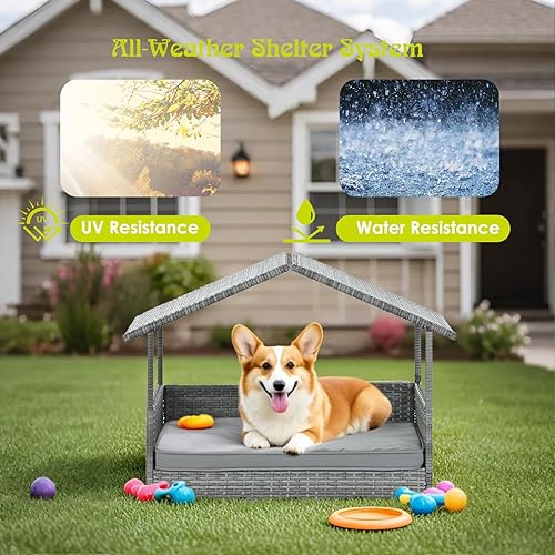 Miniatura 5 de Casa de mimbre para perros al aire libre e interior con toldo, refugio elevado para perros y cama para perros con cojín gris claro, casa elevada