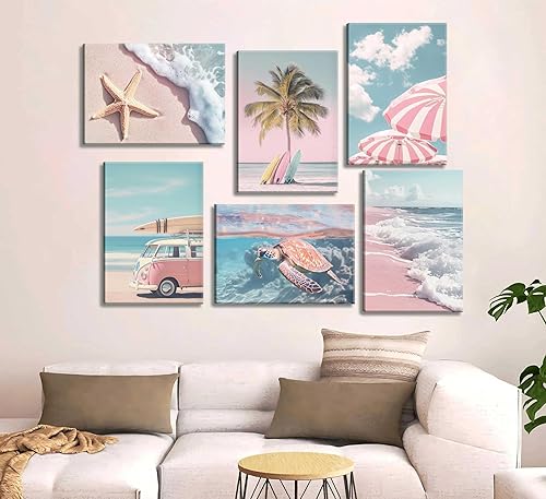 Miniatura 2 de 6 piezas de arte de pared de verano rosa fresco tropical océano estampado de sillas de playa estrellas de mar tabla de surf palmera decoración de