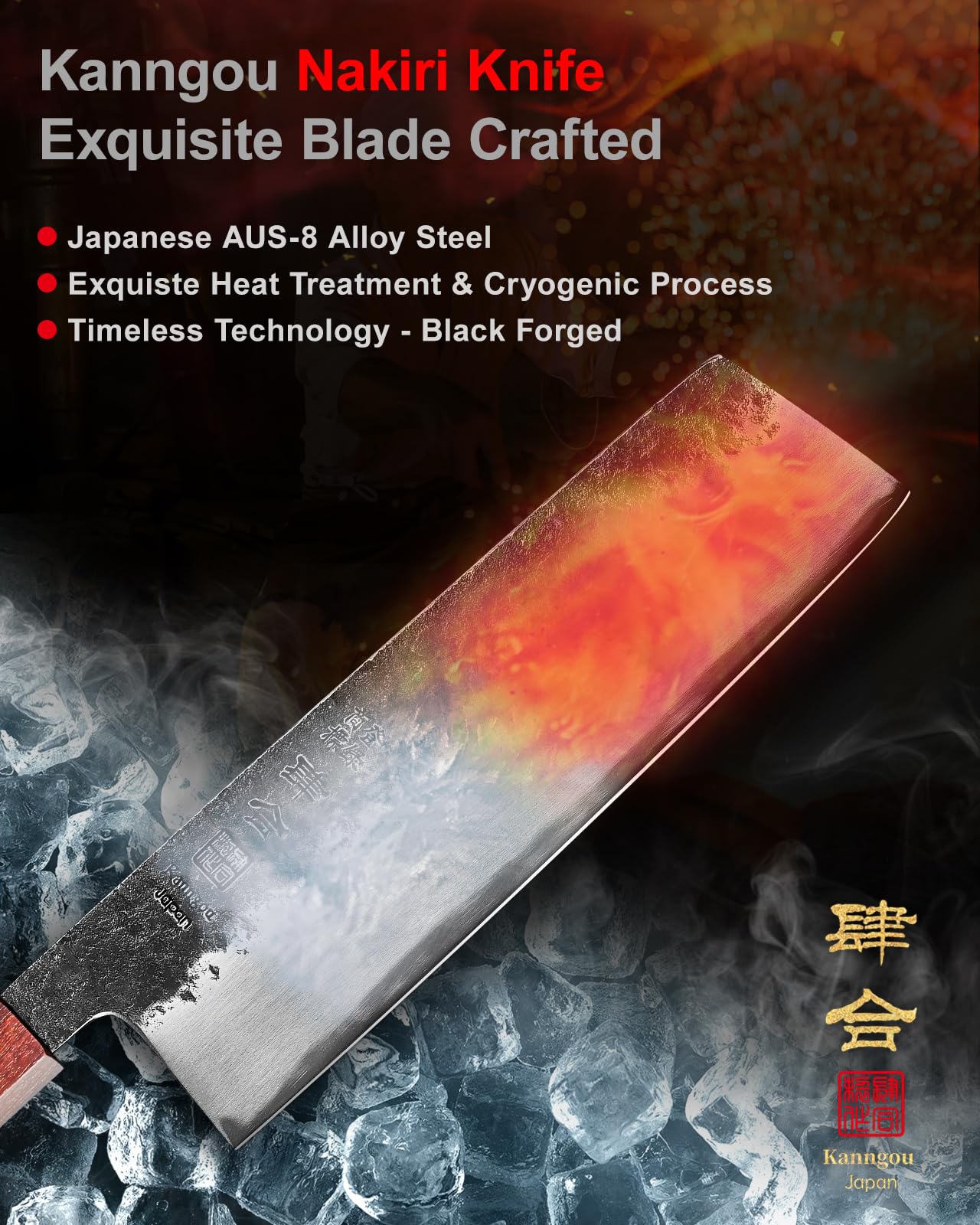 kanngou 21cm Coltello Giapponese Nakiri, Coltello Giapponese Professionale Forgiato a Mano con Acciaio Legato AUS-8, Coltelli da Cucina con Manico Ebony e Scatola Regalo Premium