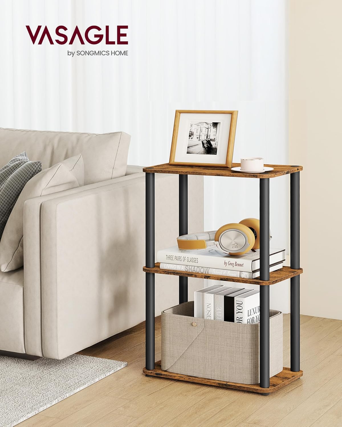 VASAGLE Superfast Toolless Assembly, 3-Tier Shelf for Living Room, Standing Shelf, Bookshelf, Bedroom, Kitchen, 9.4 x 15 x 27.8 Inches, Rustic Brown and Ink Black ULLS153K01