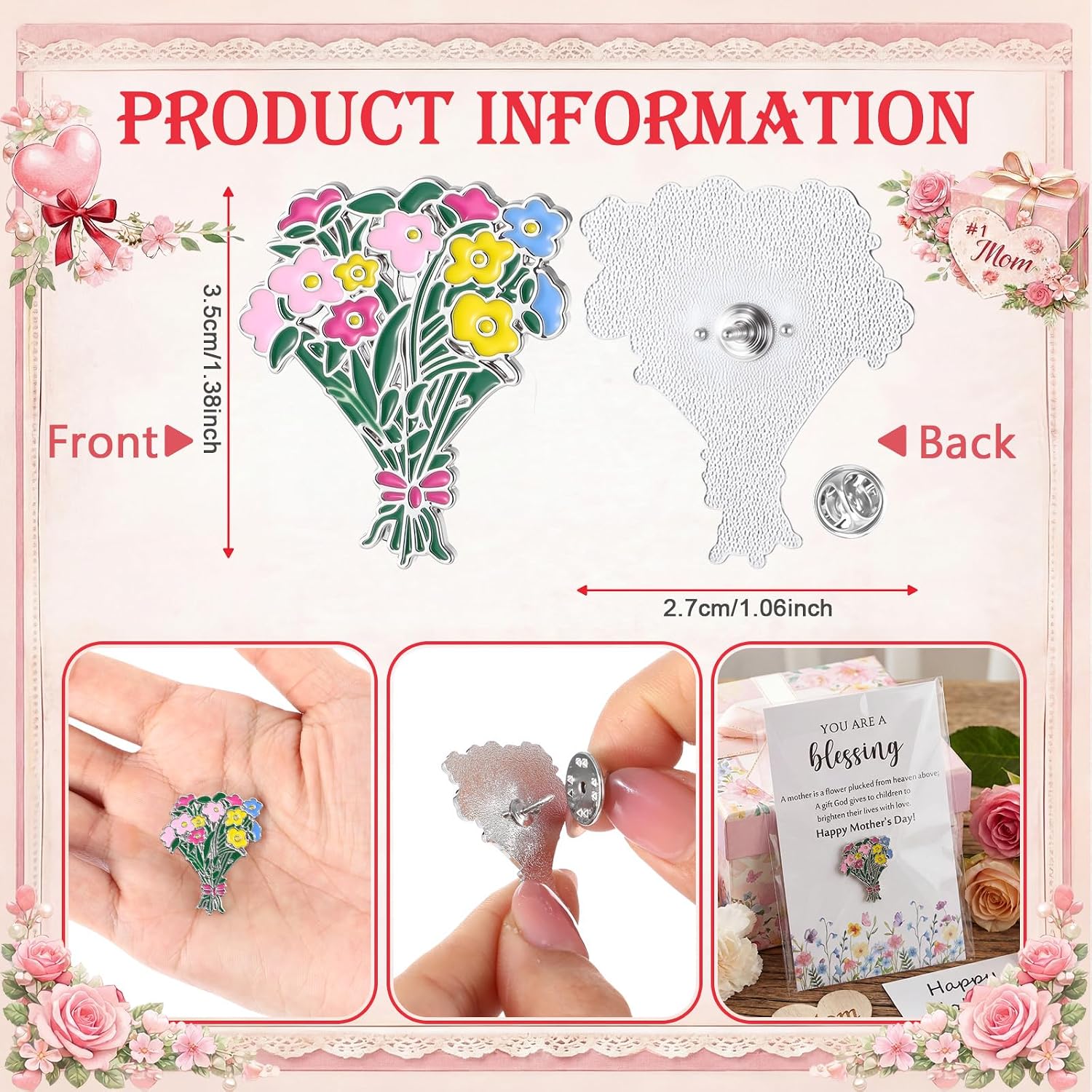 Liliaafar Mothers Day Church Gifts Flower Bouquet Enamel Pins Bulk, Wildflower Bouquet Brooches with Cards for Mom