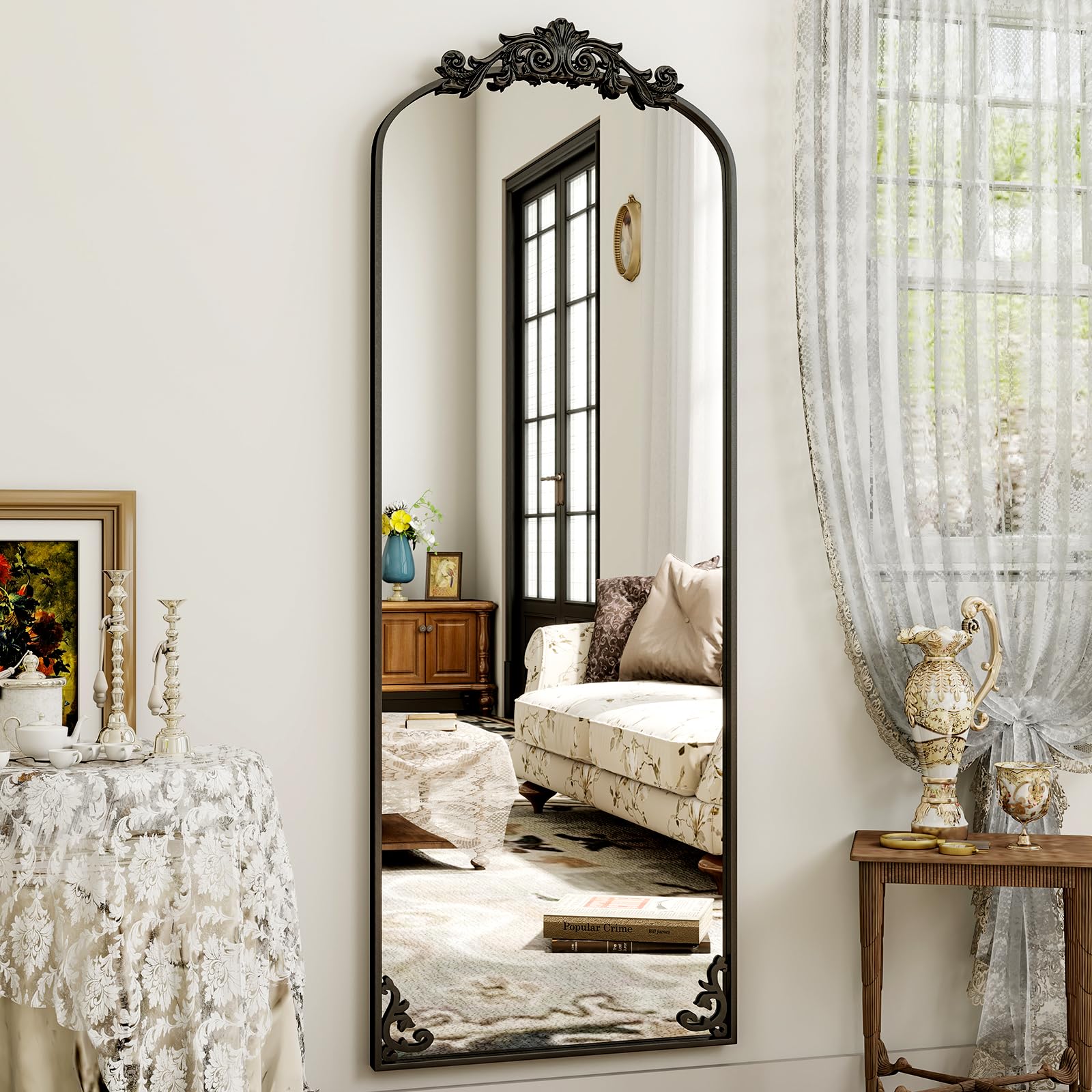 Koonmi Vintage Gewölbter Standspiegel Ganzkörperspiegel, 70x180 cm, Bruchsicher Stehspiegel in voller Länge mit schönen Retro-Gravur Prozess für Schlafzimmer Flur, Schwarz