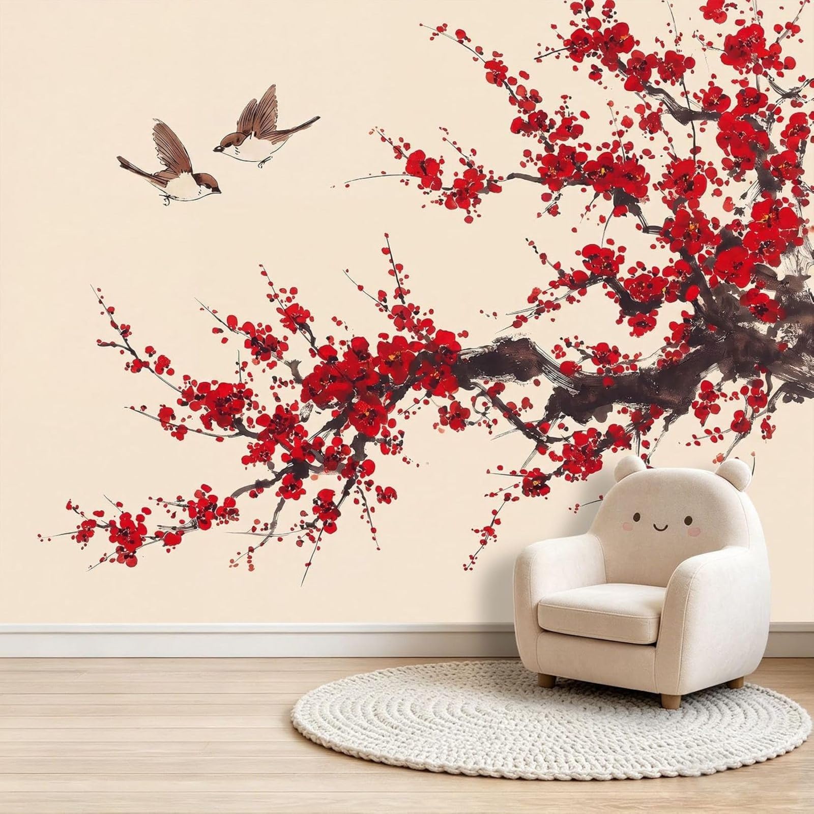 Kfjhgbdshhj 3D Mural Photo Mural-Wallpaper Living Room Elegant Traditional Cherry Blossom Plant Xxl, Oriental Ink Painting Wall Decoration For Bedroom Living Room Wall Decor, Apricot, 400Cm X 280Cm Po