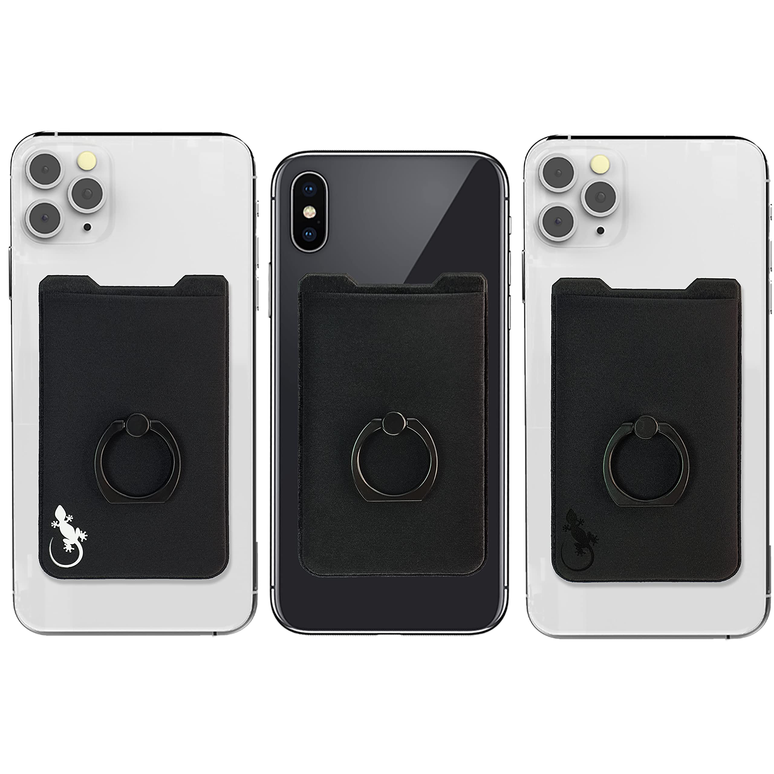 Gecko Travel Tech Phone Card Holder with Phone Ring x3 Pack, Ring Wallets Combine a Finger Grip, Phone Ring Stand & Credit Card Sleeve into Stick On Universal to Any Cell Phone (3 Pack - Black Set)