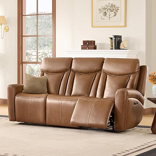Miniatura 13 de CHITA Sofá reclinable eléctrico de cuero genuino, sofá reclinable de gravedad cero con reposacabezas y consola eléctrica, soporte para tazas,