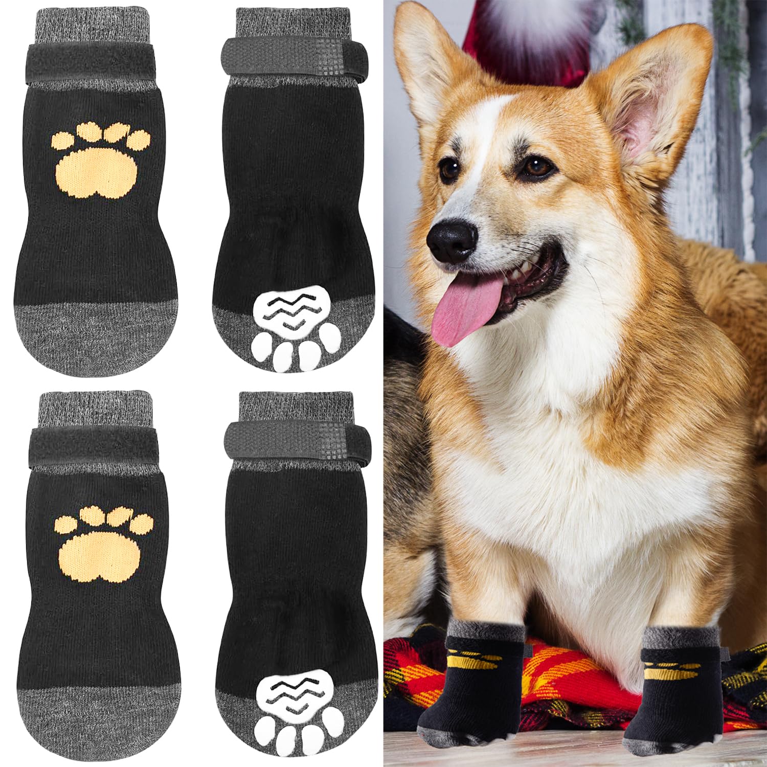 2 works Anti Slip Dog Socks,Socks with Grips Paws Stop Licking Dog Grip Pet Paw Protector,Claw Slippers with Adjustable Strap for Puppy Indoor Outdoor Hardwood Floor Walk