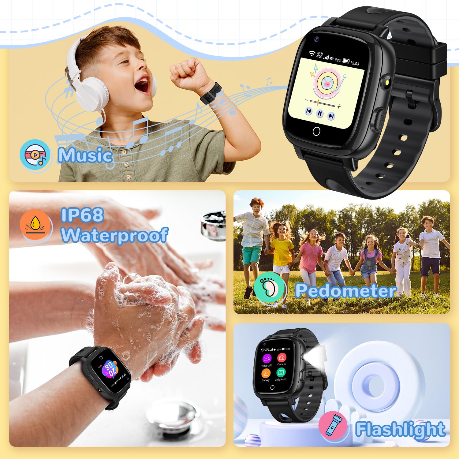 JoJoego 4G Smartwatch Bambini con Videochiamate e Telefono, SOS, GPS, Orologio Smartwatch Bambini con IP68 Impermeabile, Chat Vocale, Modalità Scuola, Torcia, Regalo per Ragazzi e Ragazze, Nero