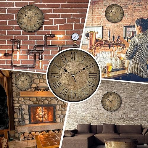 Miniatura 3 de Vrurinss Reloj de pared de madera retro, estilo shabby, mapa del mundo, números romanos, reloj colgante sin tictac, funciona con pilas, reloj de