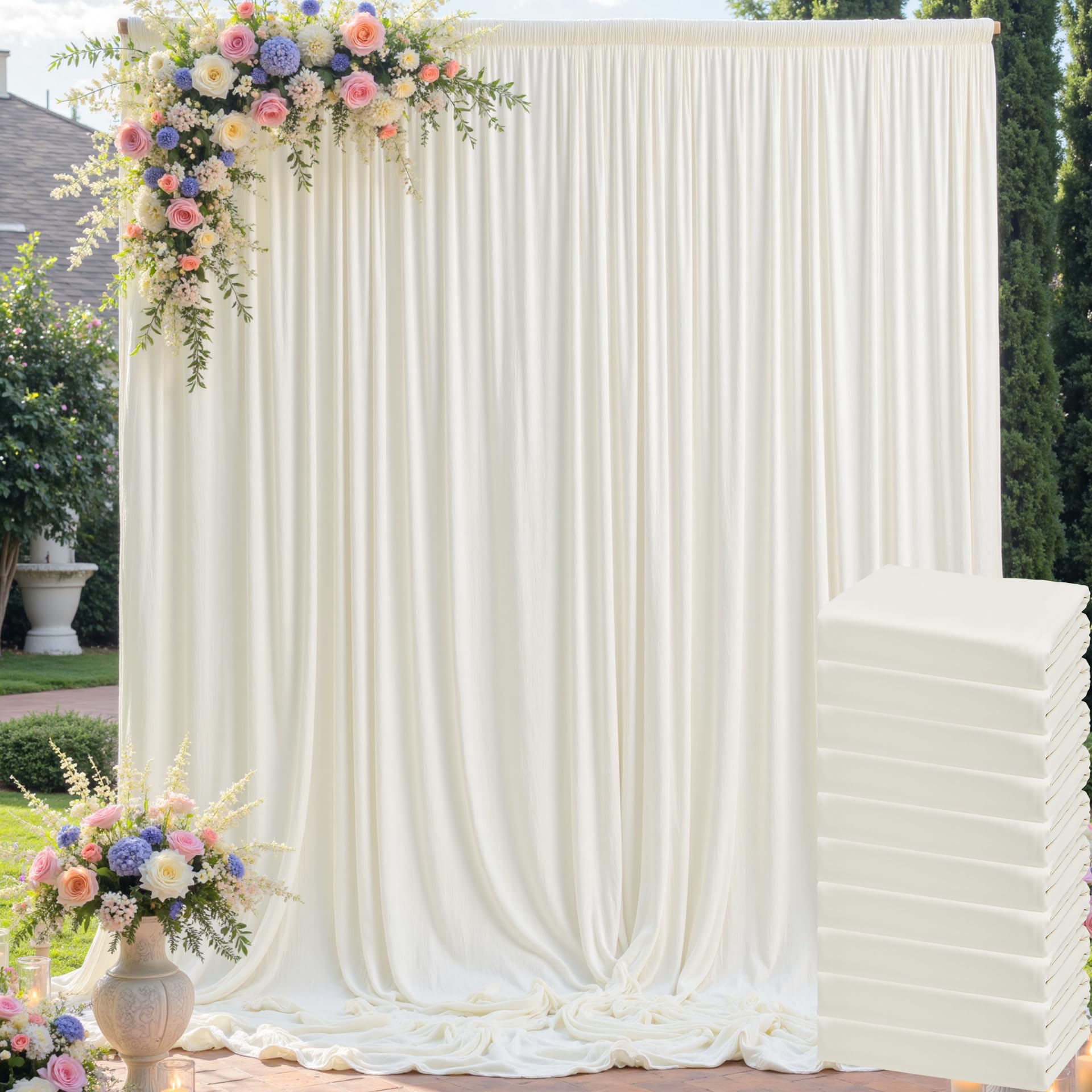 50ft x 10ft Wrinkle Free Ivory Backdrop Curtain for Parties, 10 Panels 5x10ft Silky Polyester Ivory Wedding Backdrop Drapes Photo Back Drop Cloth for