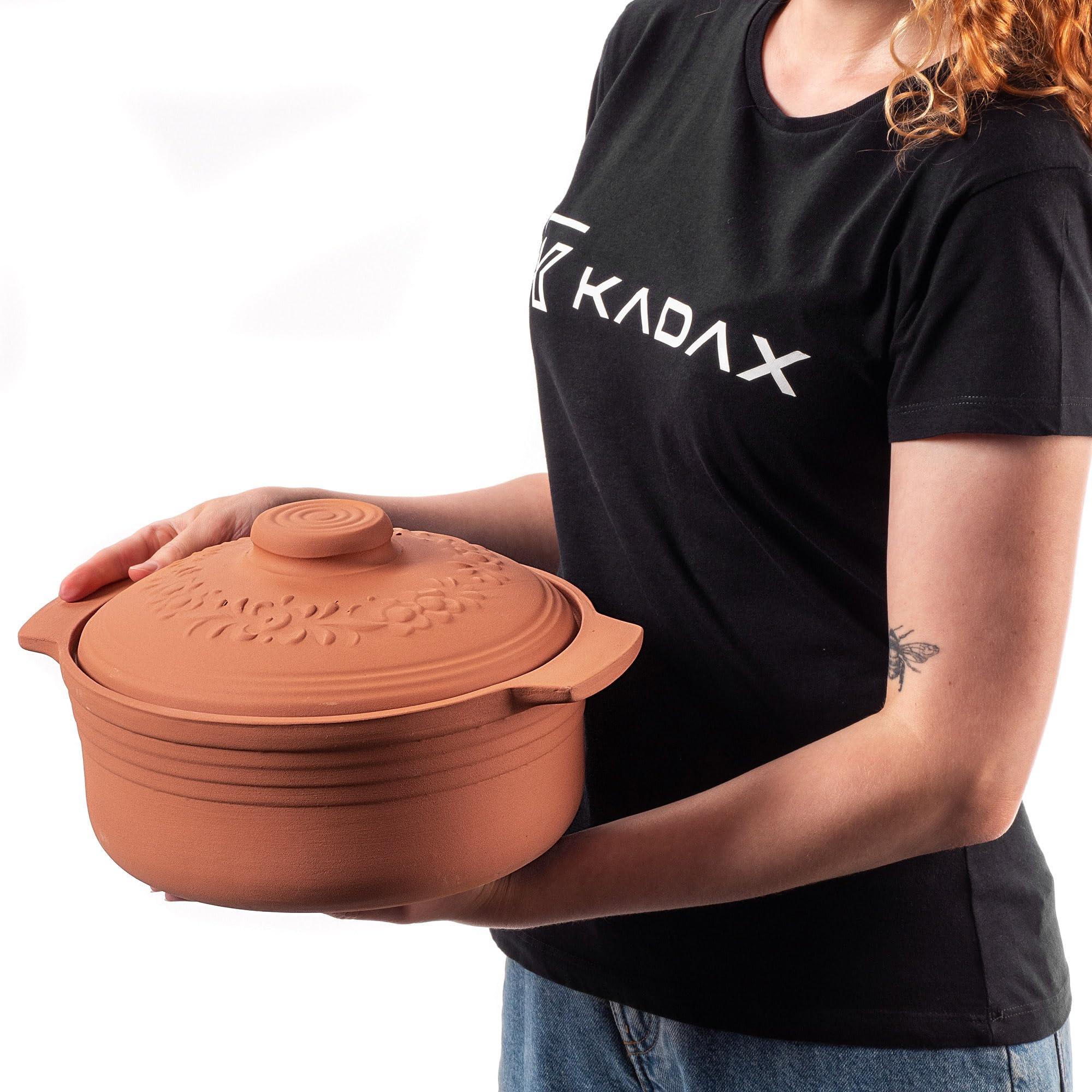 KADAX Cocotte en argile avec couvercle pour micro-ondes et four, cuiseur vapeur en matériaux naturels, plat à gratin pour une cuisson sans graisse, cocotte ronde (4 l), K8756