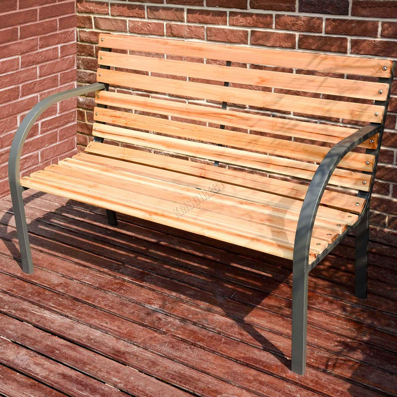 BIRCHTREE Wood Slatted Metal Frame Garden Bench 2 Seater Outdoor Patio Park Seat BT-WGB05 Natural โ image 1
