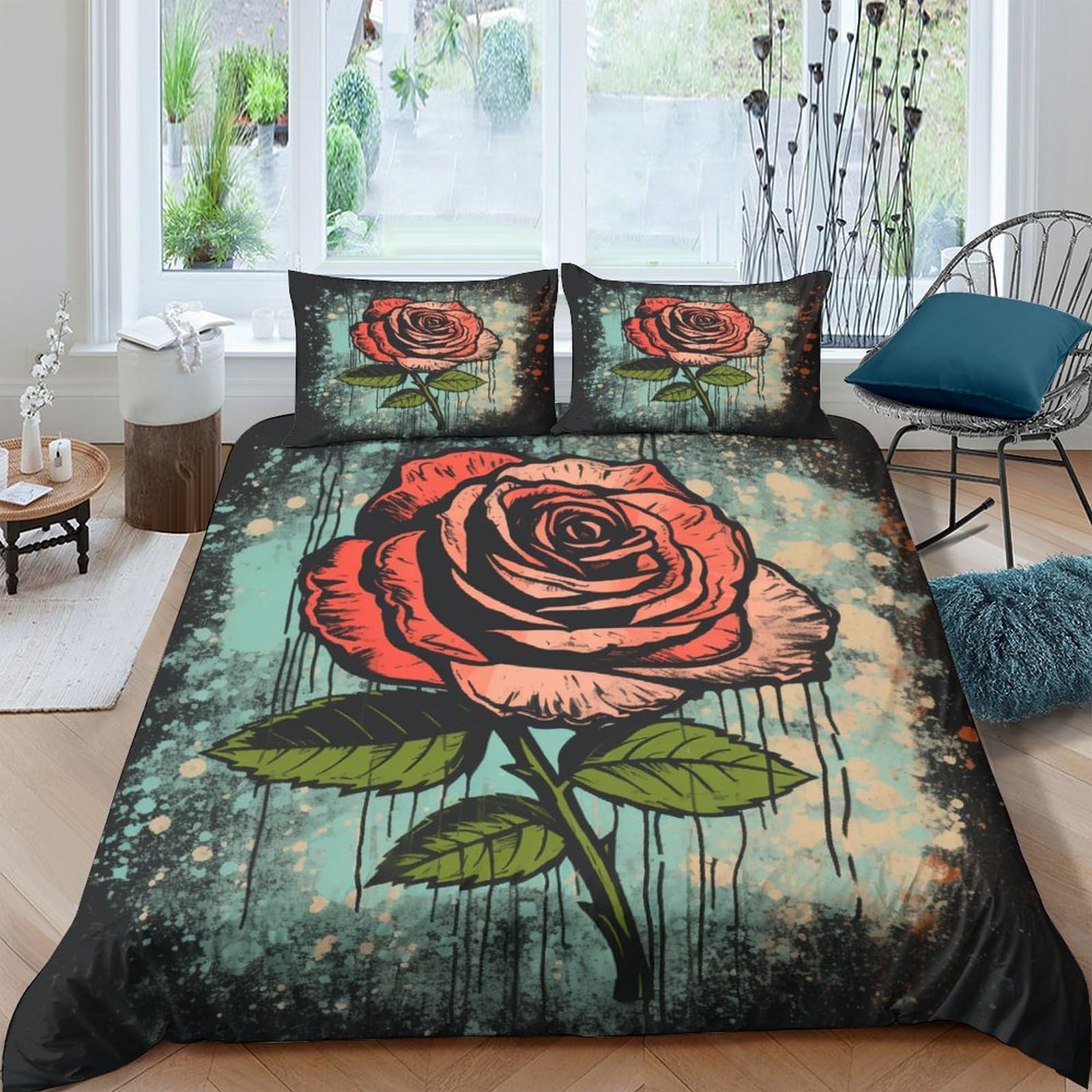 Housse de couette roses anciennes style vieilli 3 pièces King 220x240cm avec taies d'oreiller